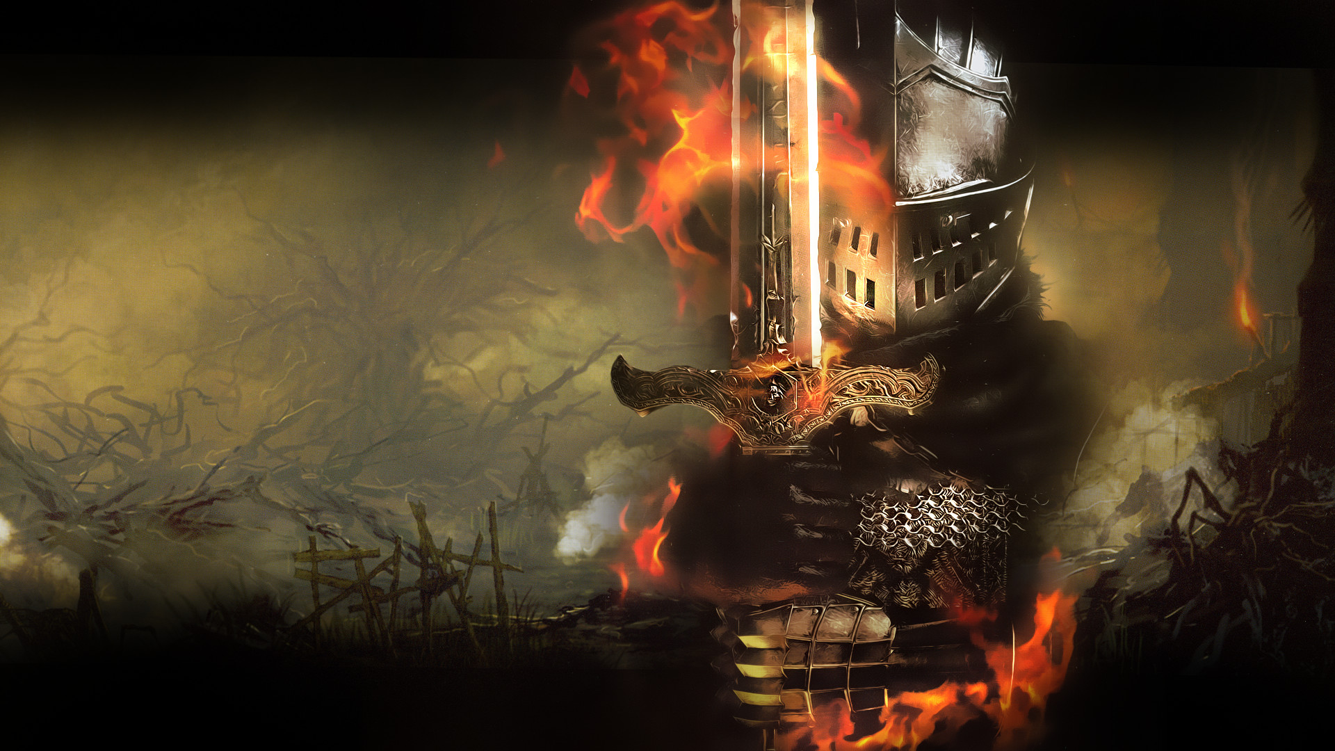 Dark Souls II, Spada infuocata, Elmo, Fuoco, Full HD 1080p, sfondo desktop