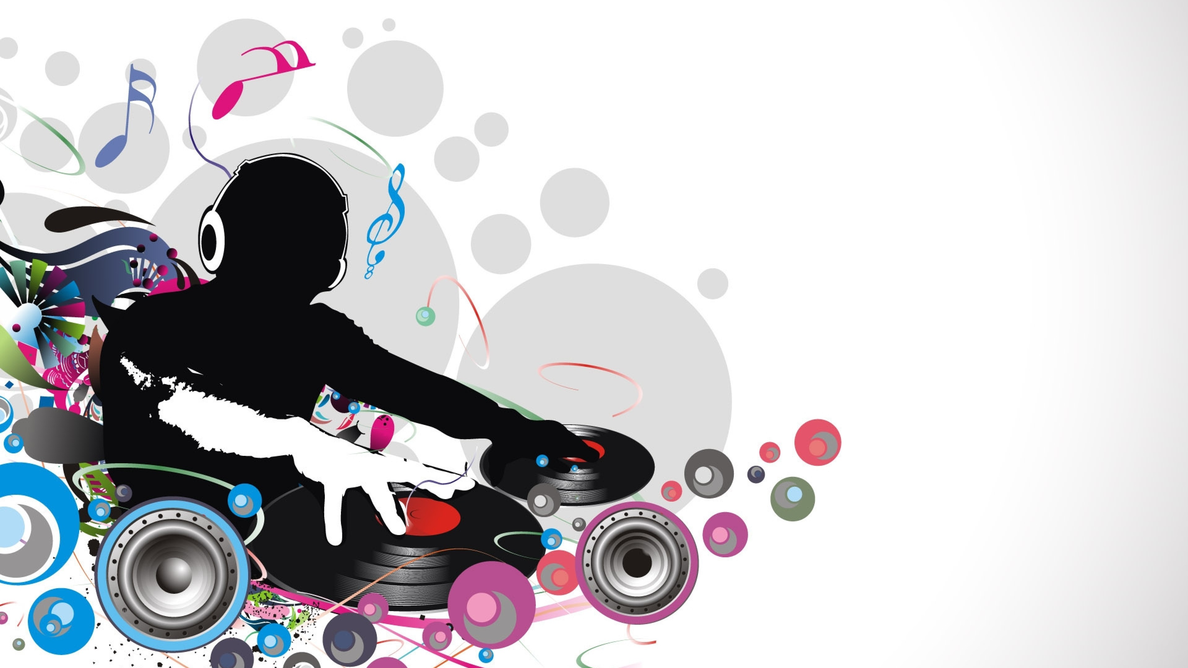 DJ, Giradischi, Casse, Illustrazione vettoriale, Note musicali, 4K, sfondo per portatile