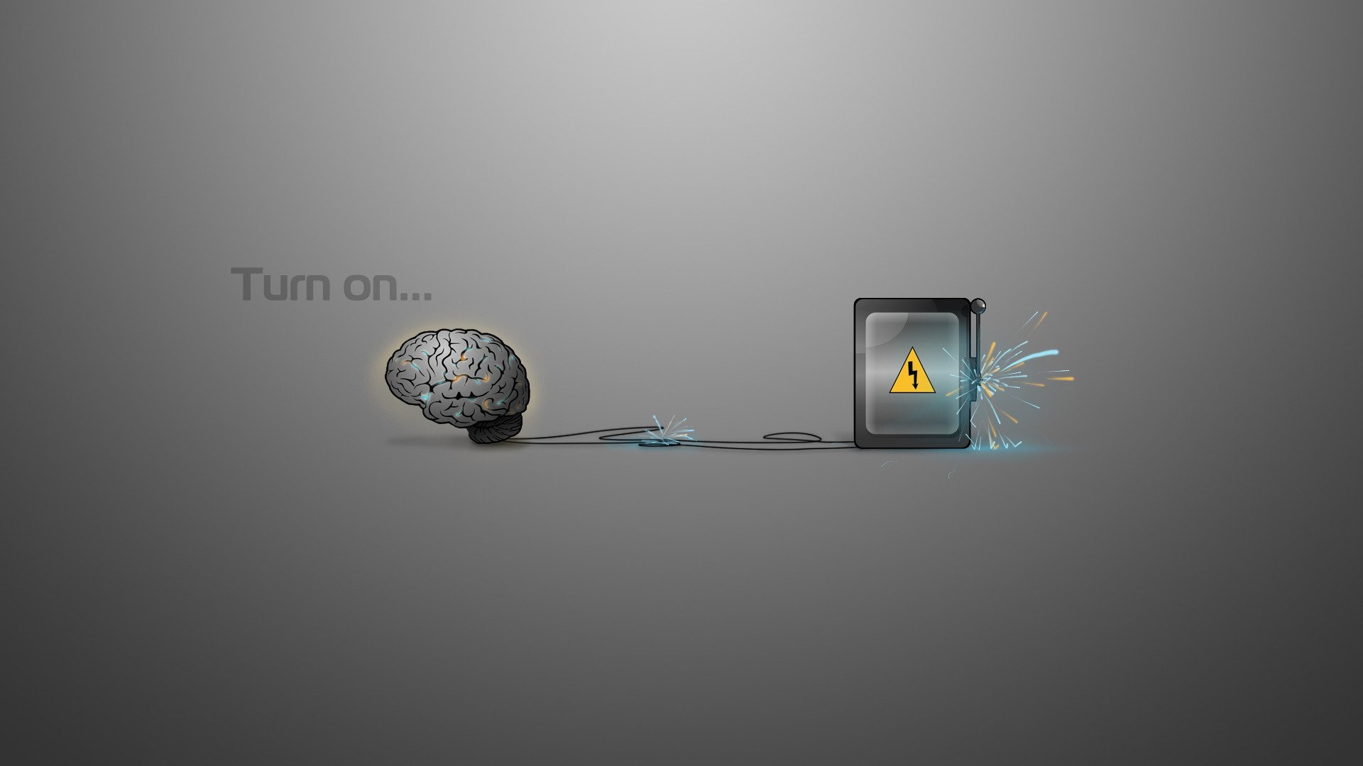 Cervello, Turn on, Presa elettrica, Scintille, Sfondo grigio, 16:9 Full HD, wallpaper widescreen