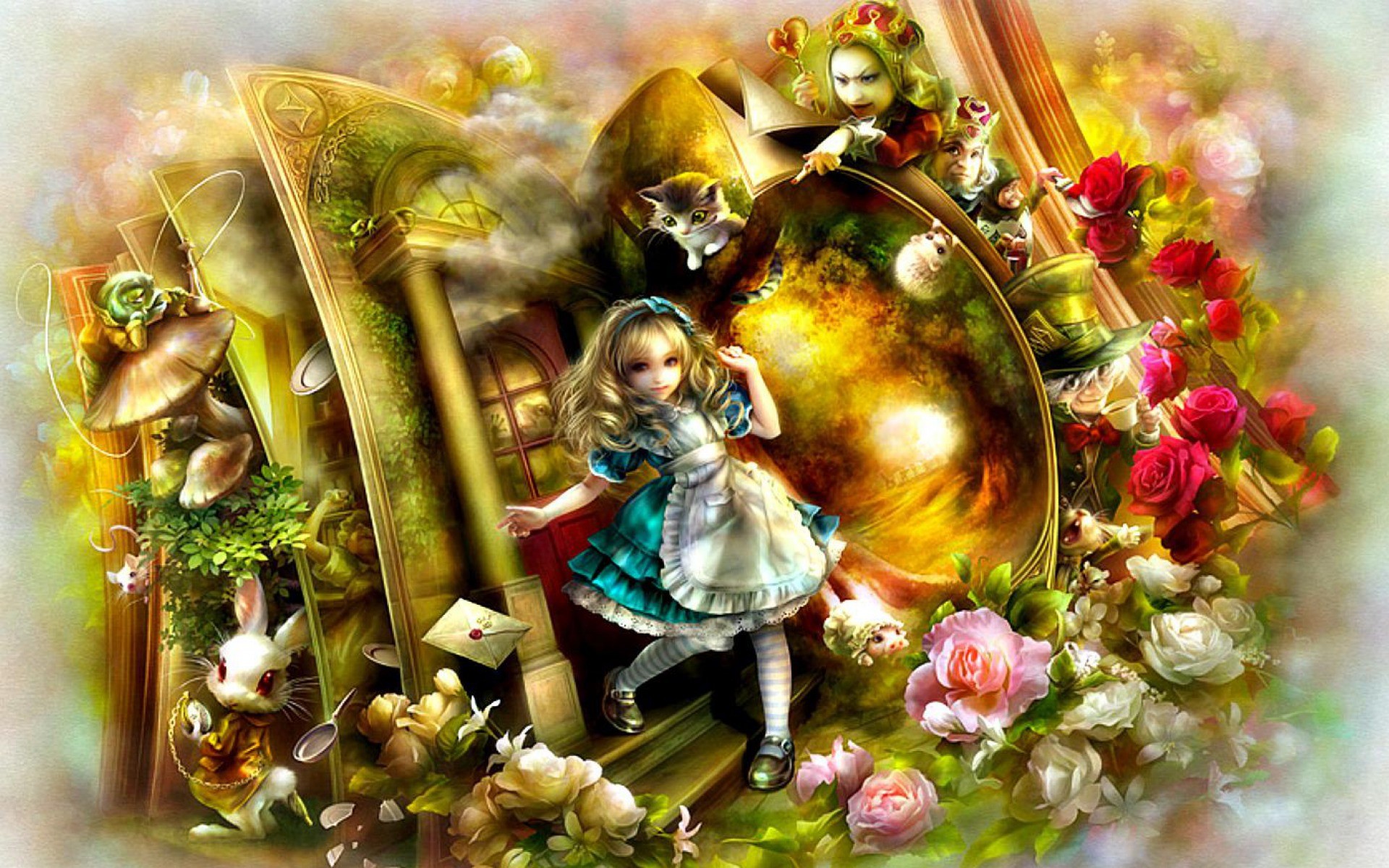 Alice, Alice nel Paese delle Meraviglie, Rose, Illustrazione, Specchio, sfondo MacBook Pro