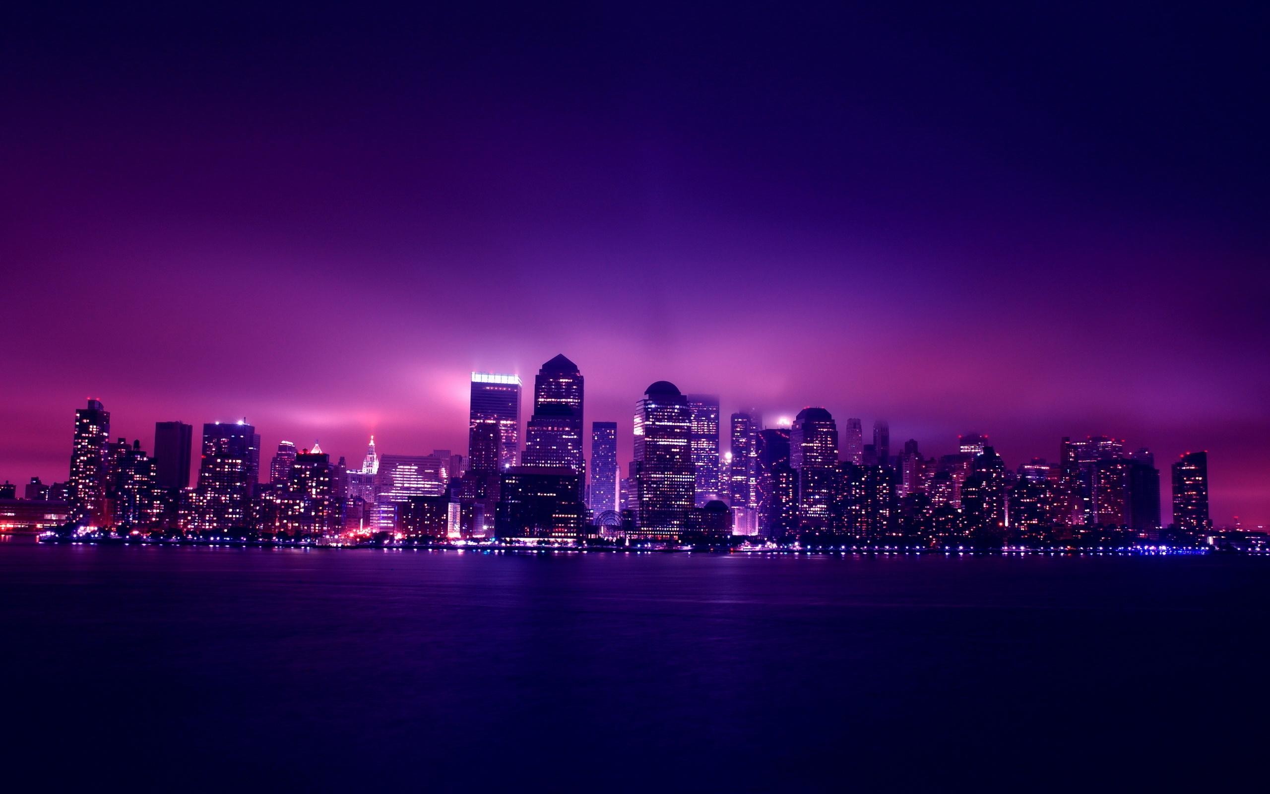 Skyline notturno, Città, Viola, Riflessi, Notte, 2K, sfondo per PC