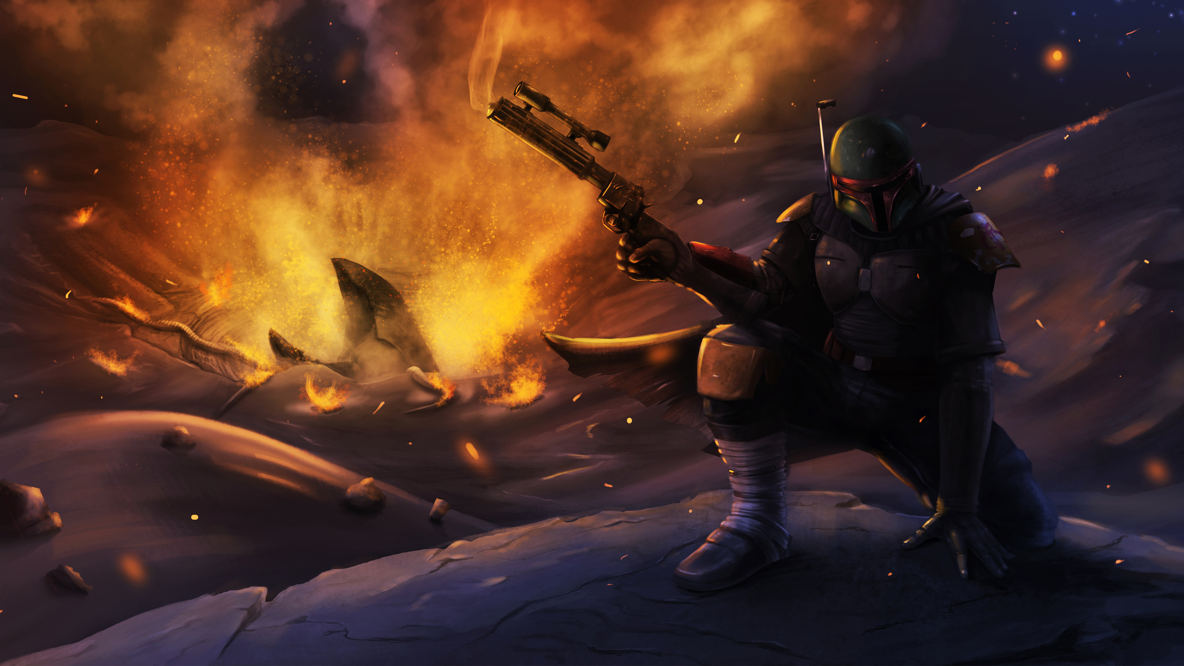 Boba Fett, Star Wars, Esplosione, Fan art, 4K, sfondo per portatile