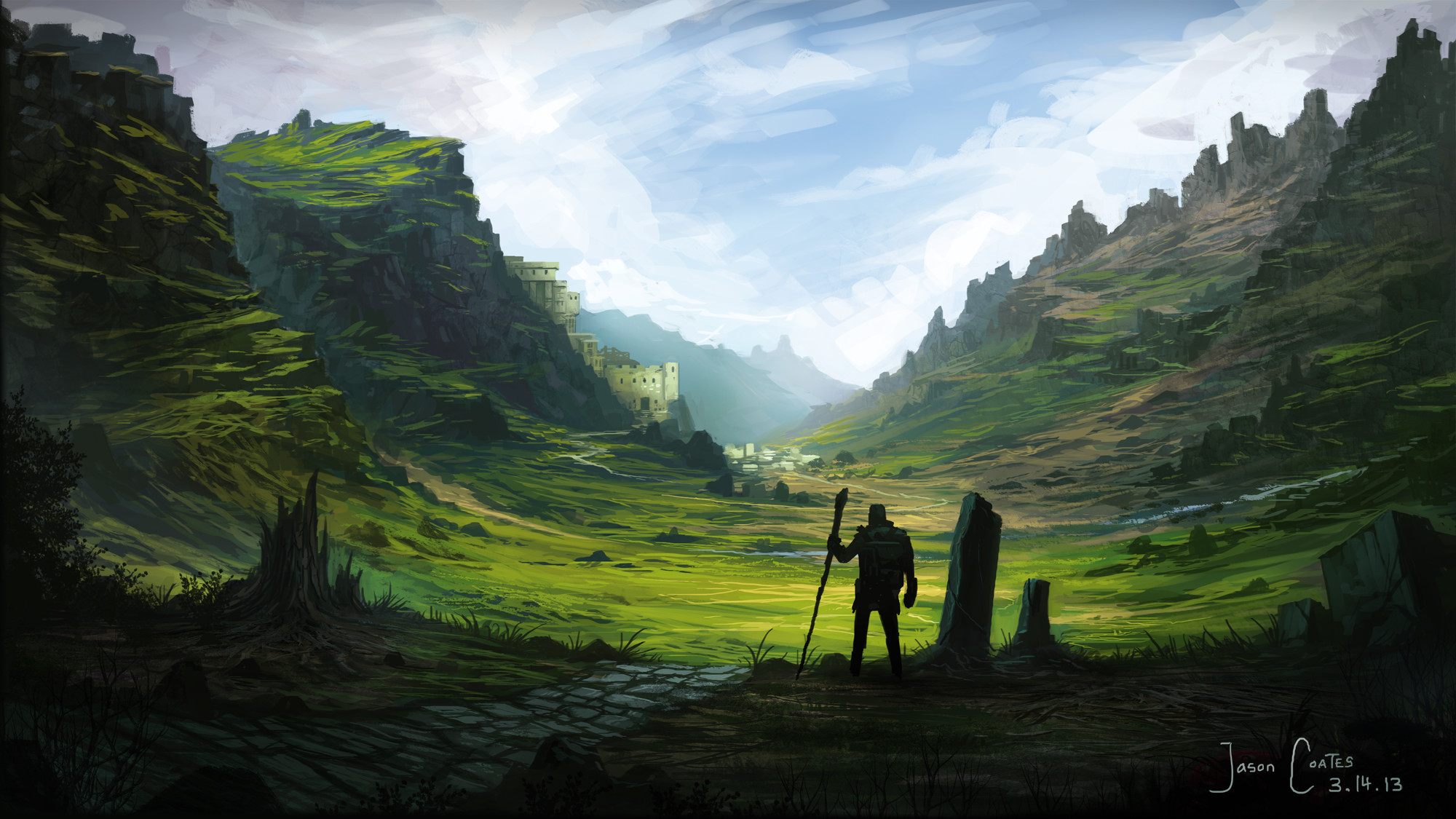 Valle, Menhir, Paesaggio fantasy, Pittura digitale, Full HD, sfondo desktop