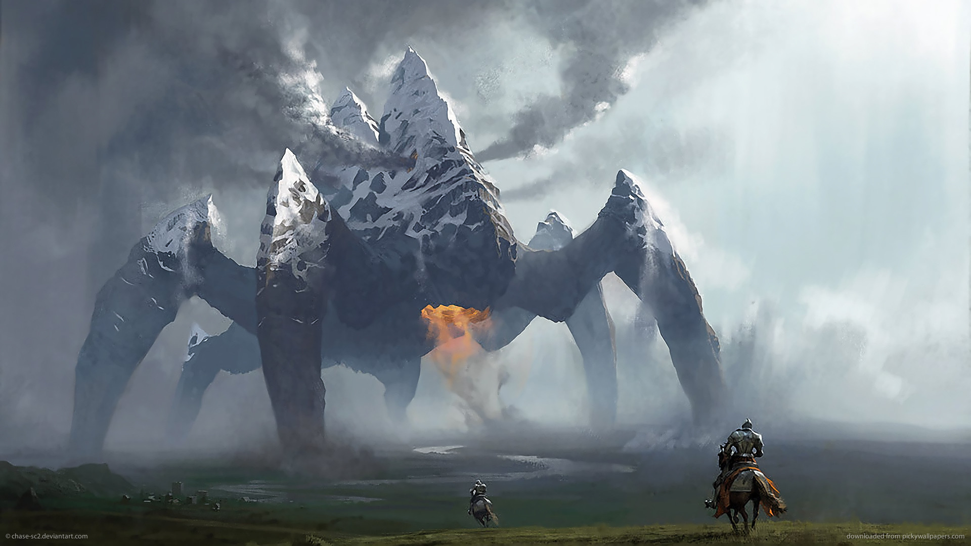 Creatura gigante, Montagne, Cavalieri, Nebbia, Full HD, sfondo per PC