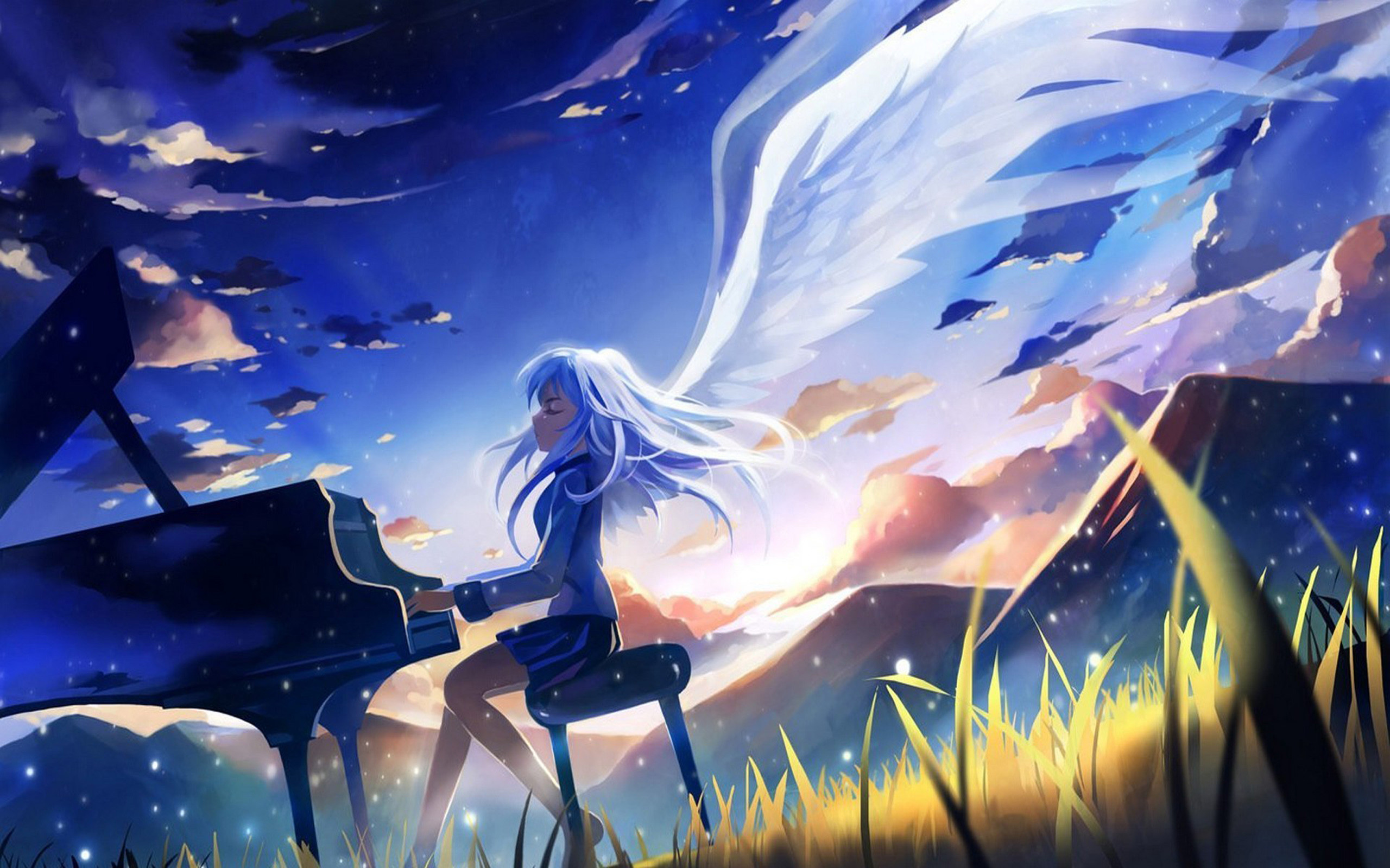 Kanade Tachibana, Angel Beats!, Pianoforte, Ali d'angelo, Notte, wallpaper per portatile