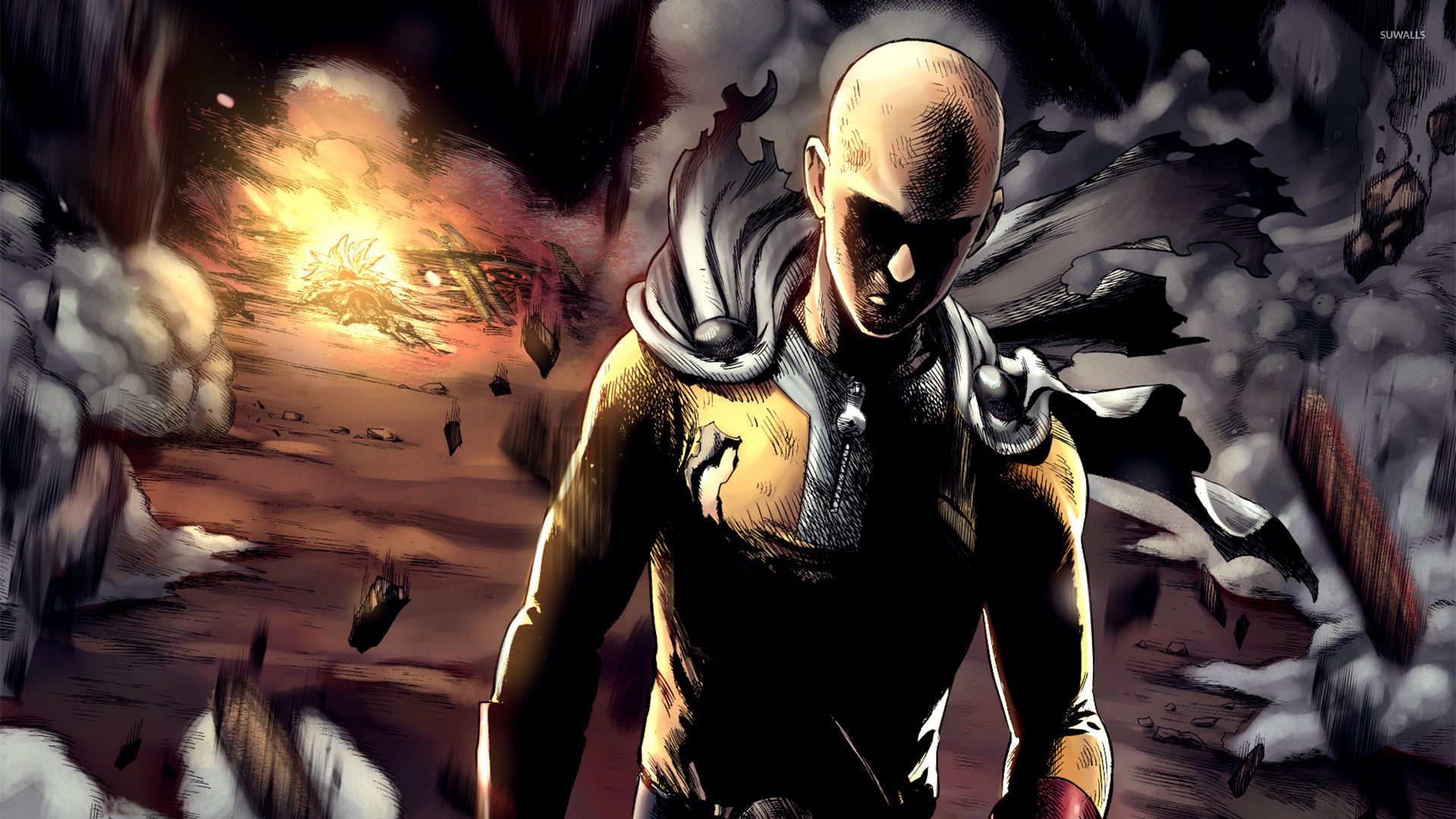 Saitama, One Punch Man, Fiamme, Macerie, 16:9 Full HD, sfondo widescreen