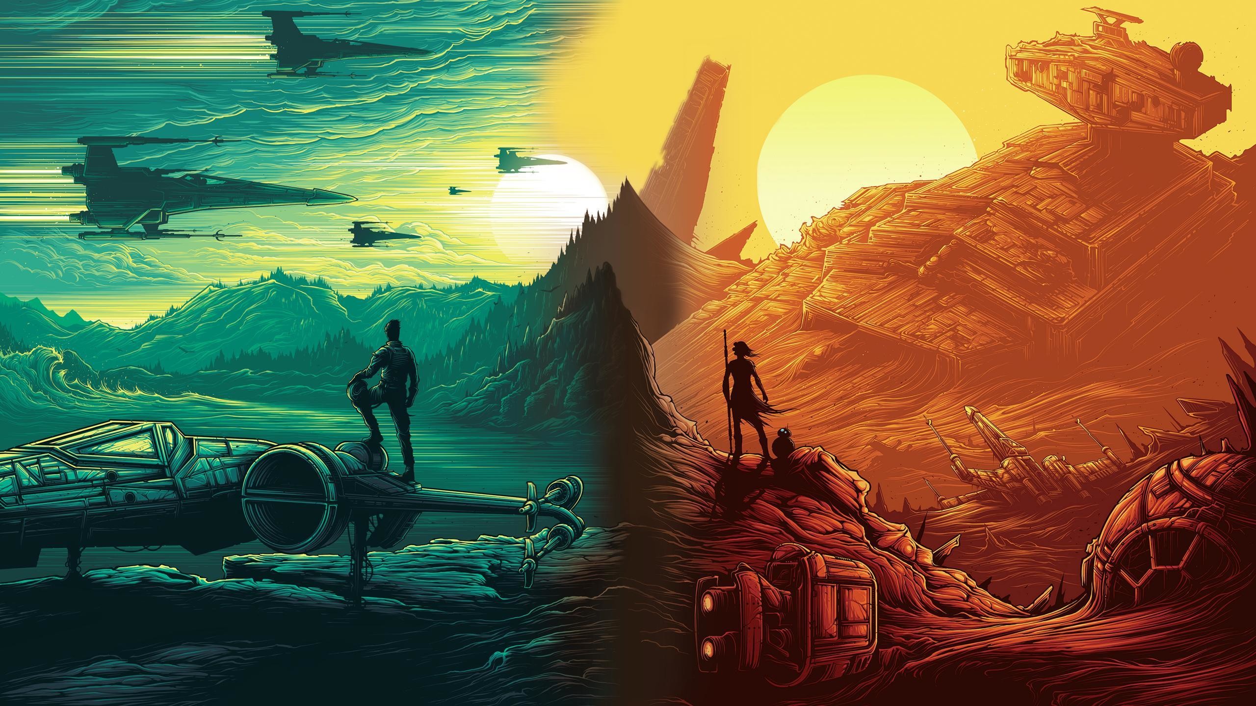 Il risveglio della Forza, Rey, Jakku, X-wing, Star Wars, Illustrazione, sfondo 2K per computer