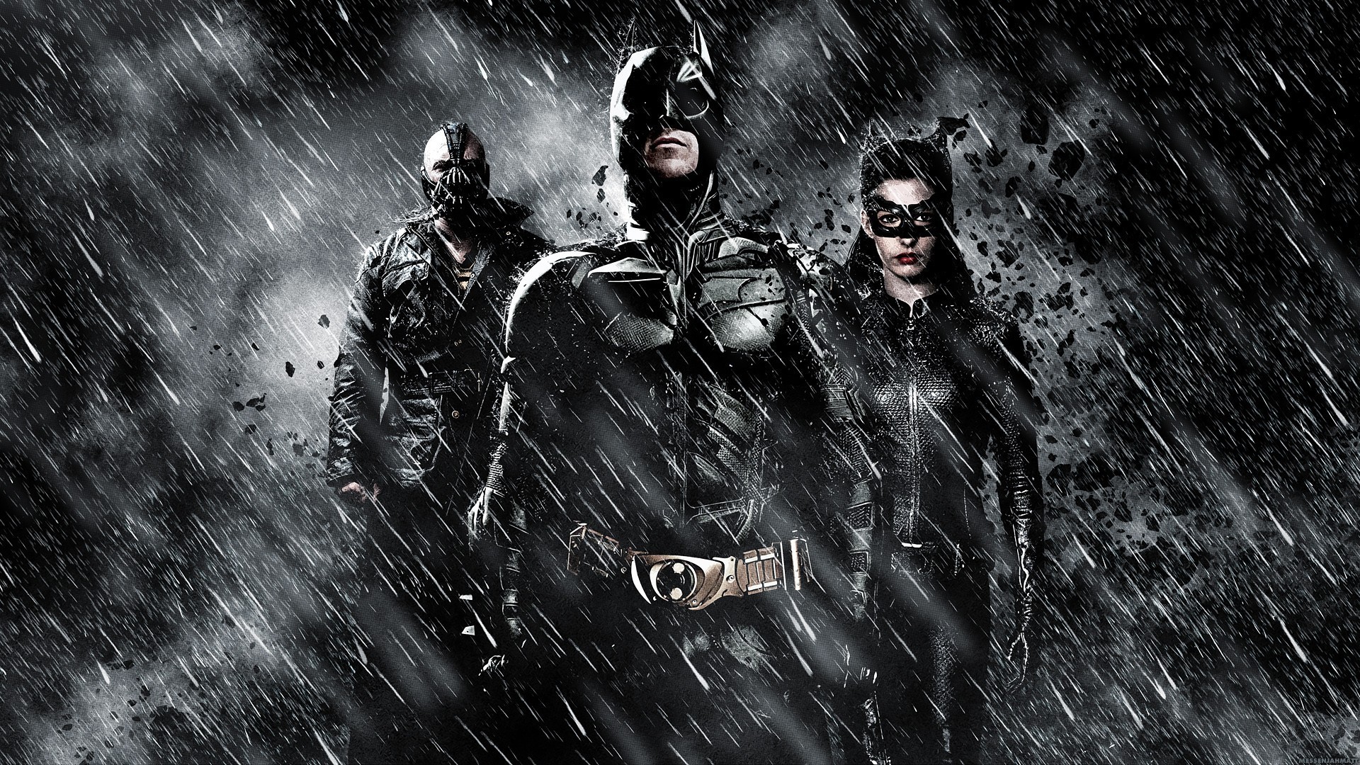 Il cavaliere oscuro - Il ritorno, Batman, Bane, Catwoman, Bianco e nero, sfondo desktop 1920x1080