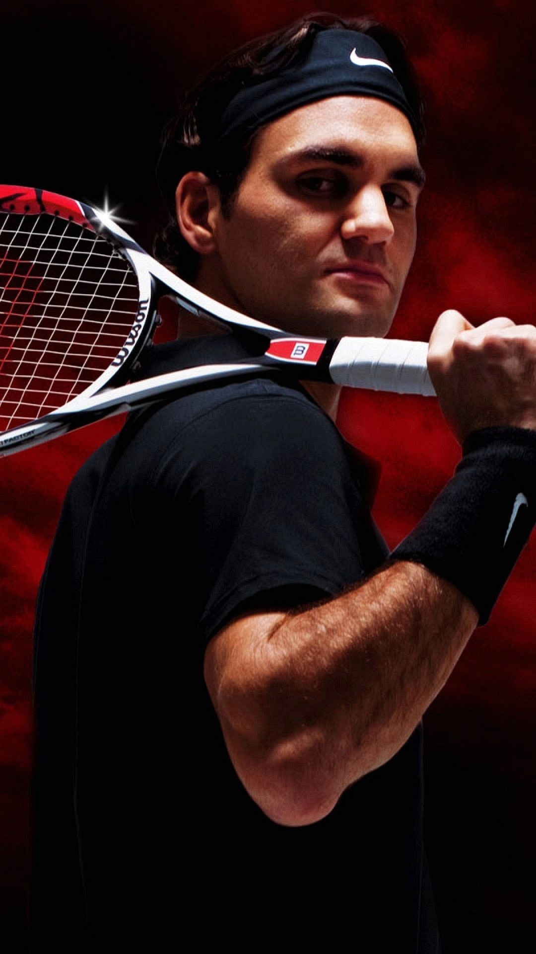 Roger Federer, Racchetta, Ritratto, Sfondo rosso, 1080x1920, schermata di blocco iPhone