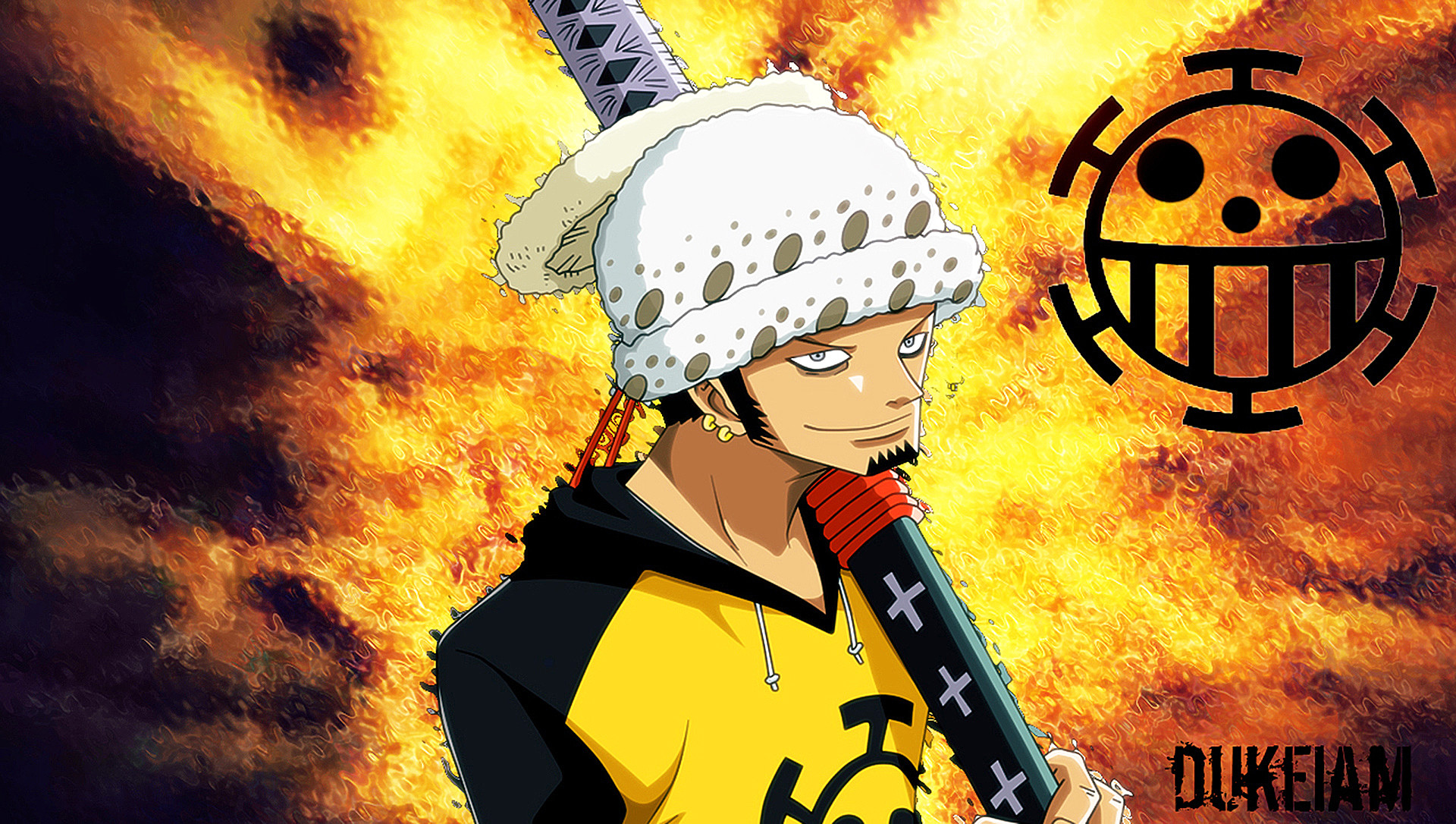 Trafalgar Law, Jolly Roger dei Pirati Heart, One Piece, Fiamme, Full HD, sfondo per PC e portatile