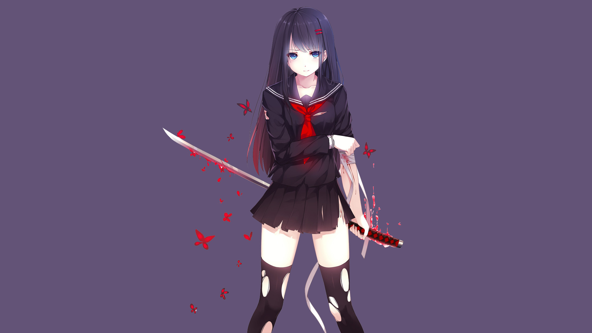 Studentessa, Uniforme scolastica, Katana, Anime, Full HD 1080p, sfondo desktop