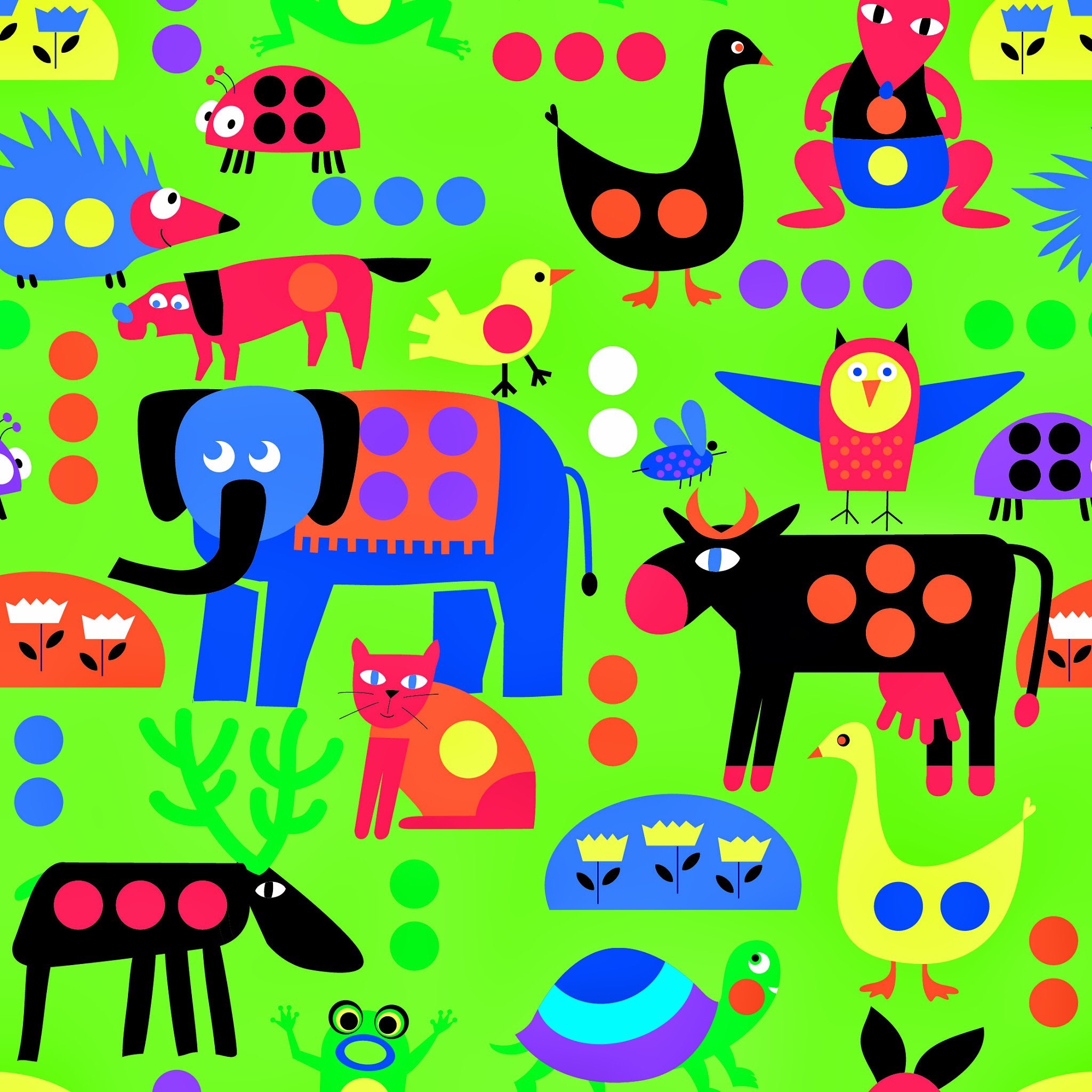 Animali colorati, Elefante, Mucca, Motivo, Verde, Full HD, wallpaper per tablet
