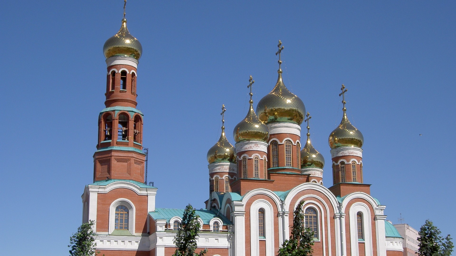 Chiesa ortodossa, Cupole a cipolla, Russia, Cielo azzurro, Full HD, wallpaper per computer