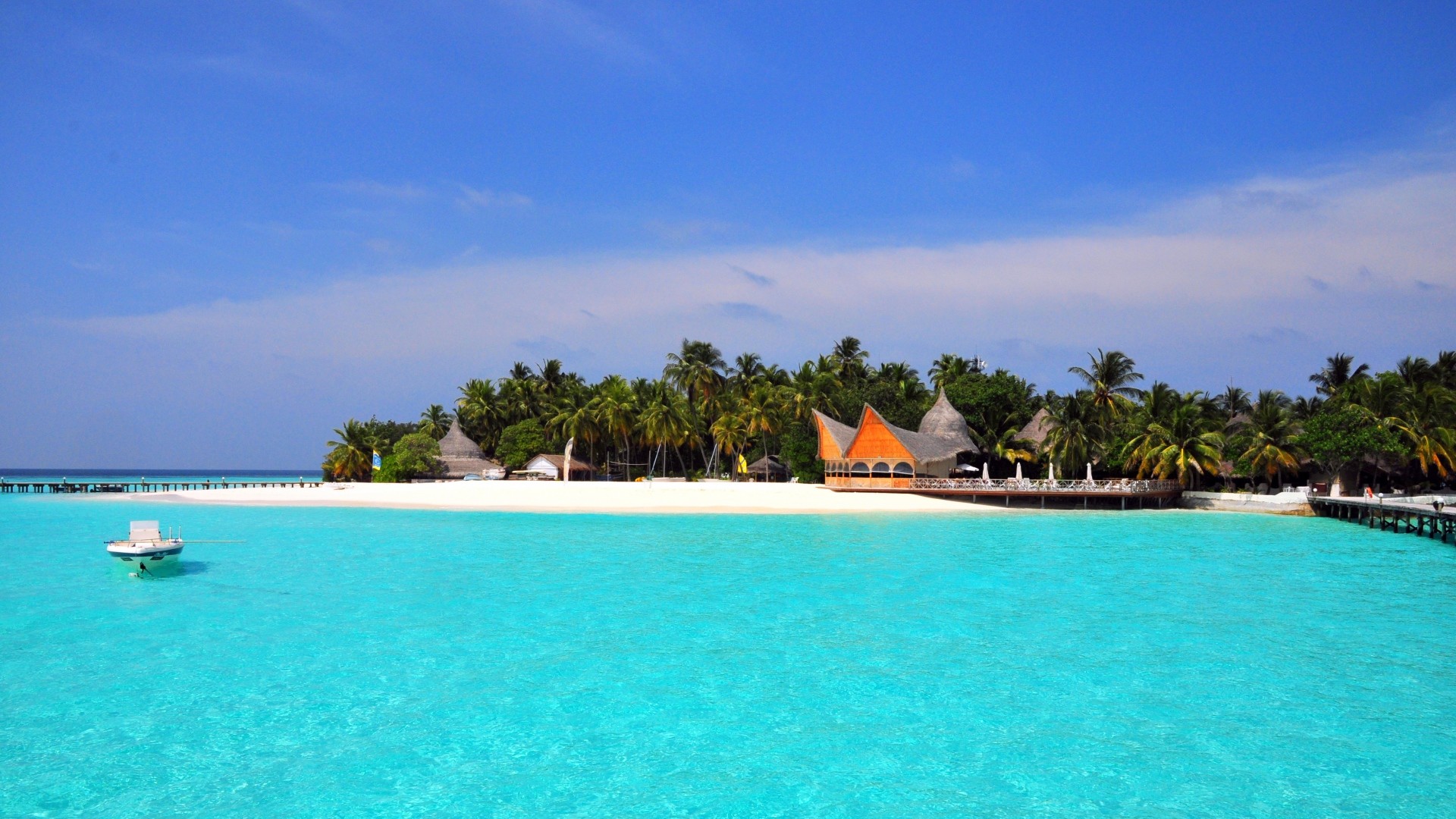 Maldive, Isola resort, Laguna turchese, Full HD, wallpaper per computer