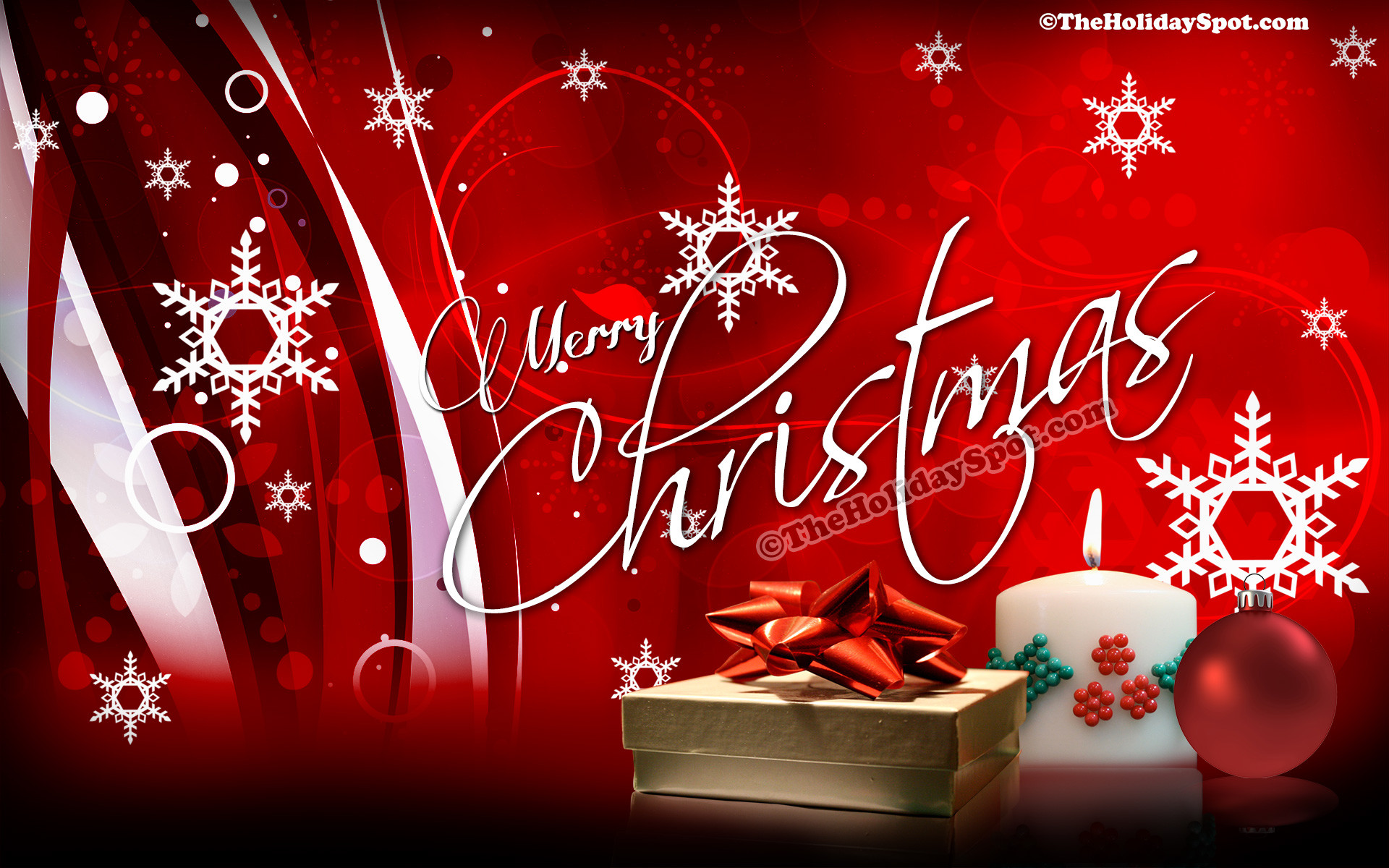 Merry Christmas, Candela, Regalo, Fiocchi di neve, Rosso, Full HD, sfondo per PC e portatile