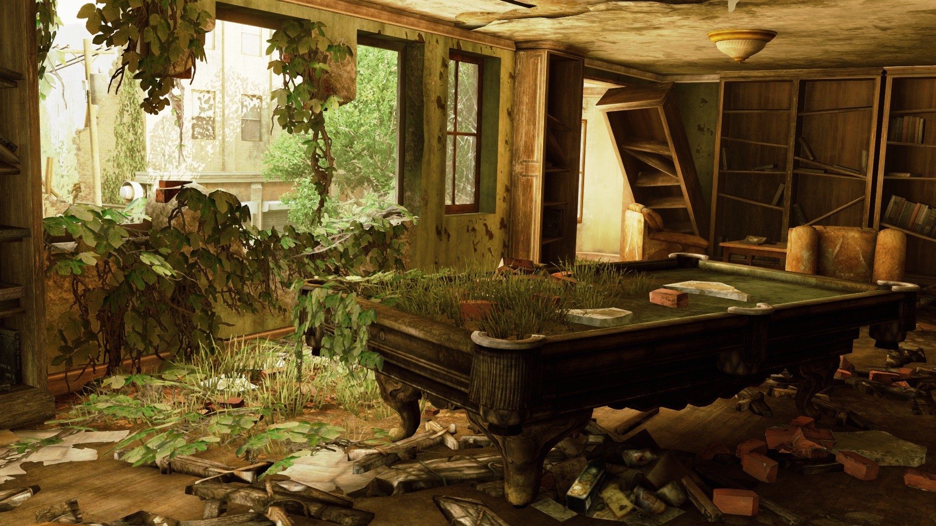 The Last of Us, Tavolo da biliardo, Interno abbandonato, Vegetazione, Luce del sole, sfondo per PC