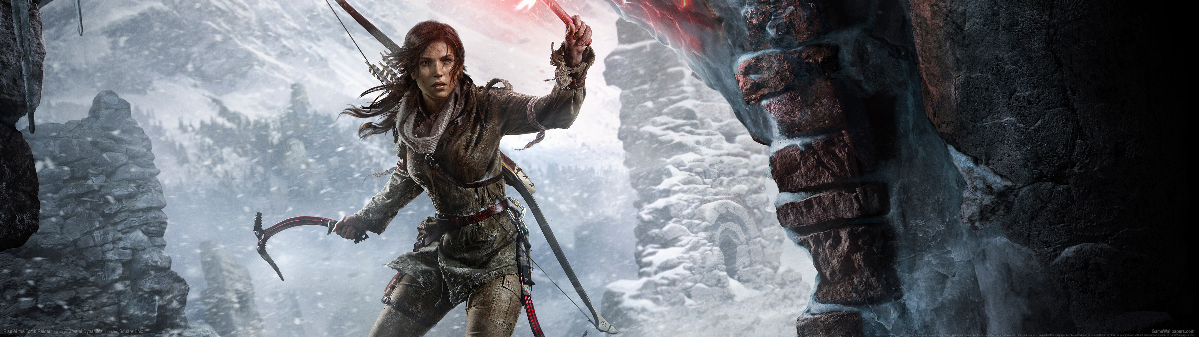 Lara Croft, Rise of the Tomb Raider, Piccozza, Razzo di segnalazione, Neve, sfondo Windows 11