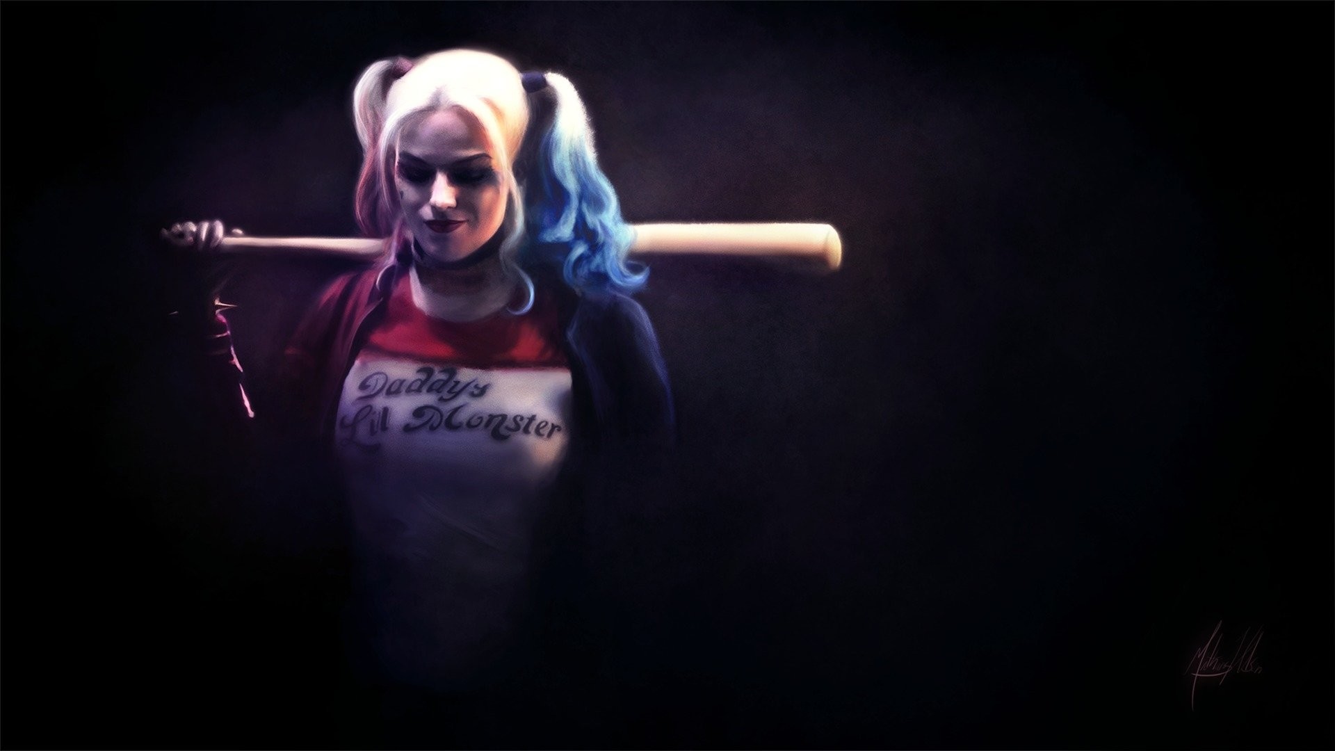 Harley Quinn, Margot Robbie, Mazza da baseball, Sfondo scuro, Full HD, wallpaper desktop