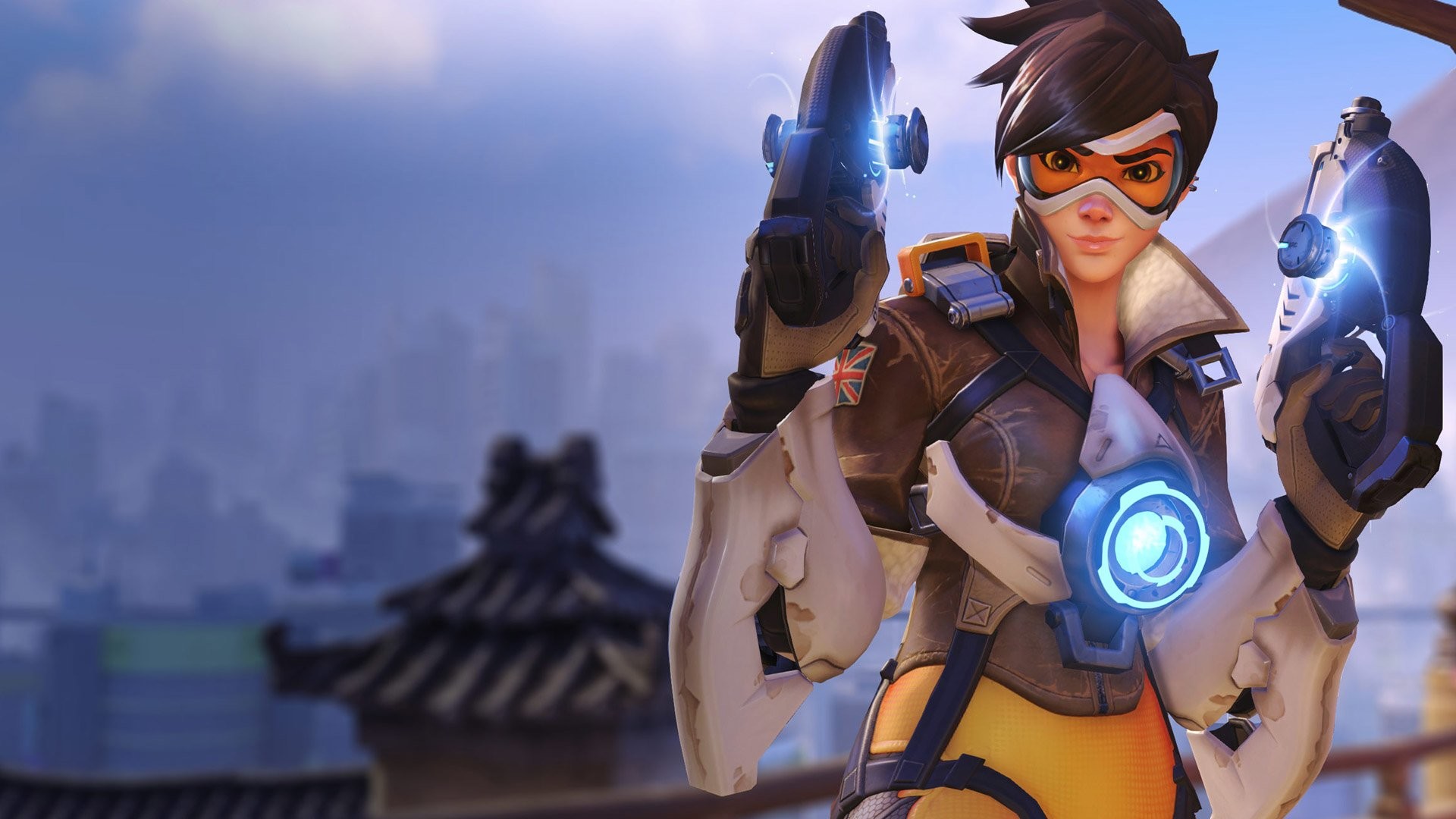 Tracer, Overwatch, Pistole a impulsi, Hanamura, Full HD, sfondo Windows 11