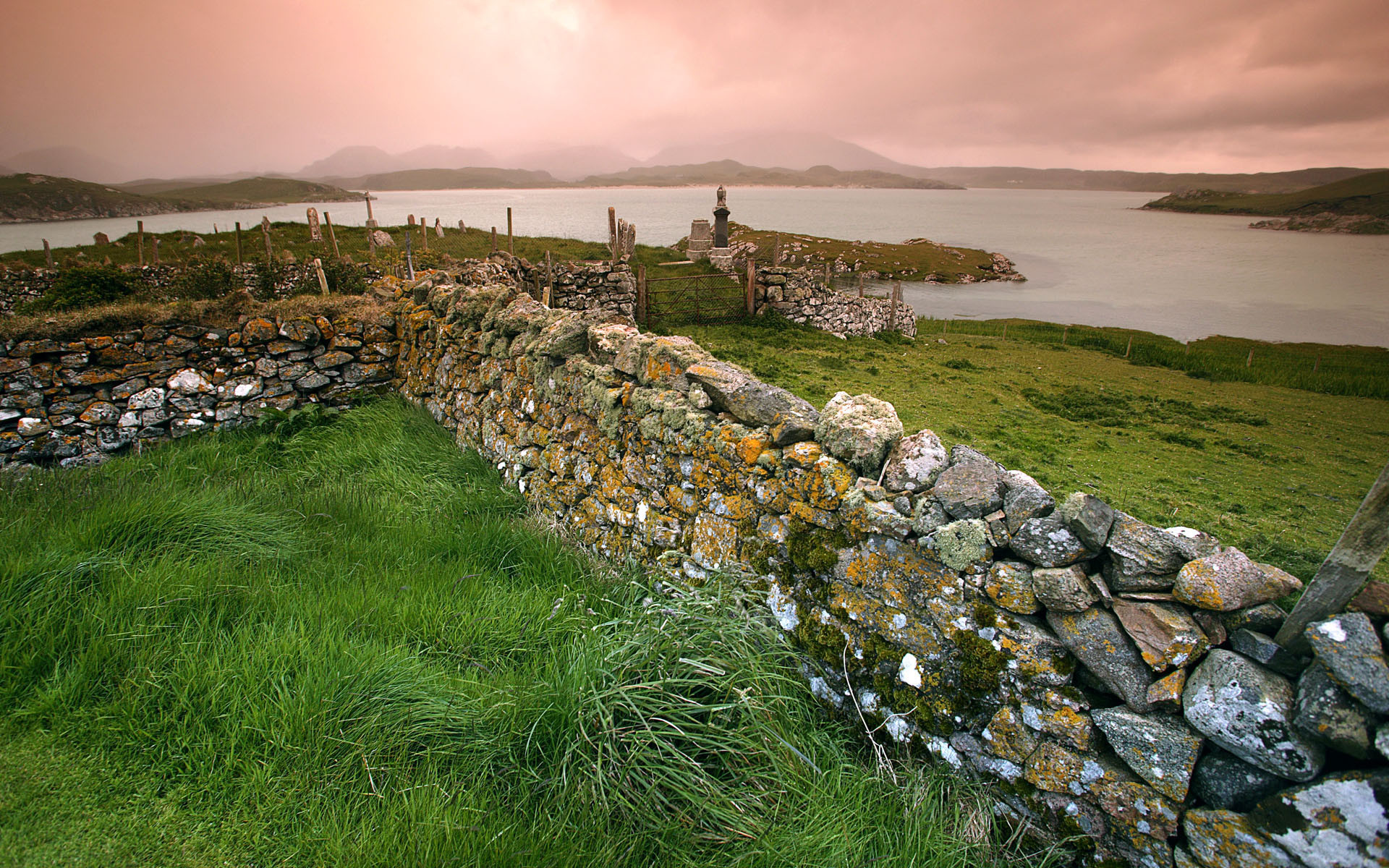 Muro a secco, Prato, Costa, Irlanda, sfondo Windows 7 Full HD