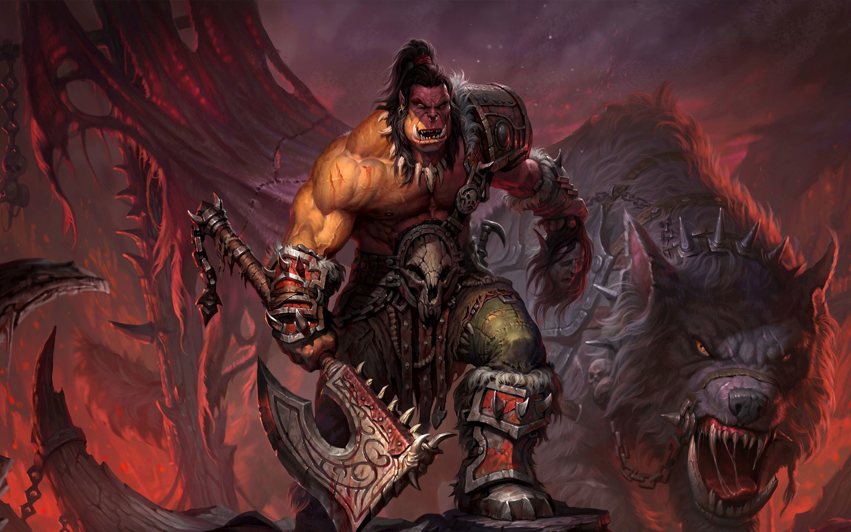 World of Warcraft, Orco, Lupo, Ascia, Rosso, 2880x1800, sfondo per PC