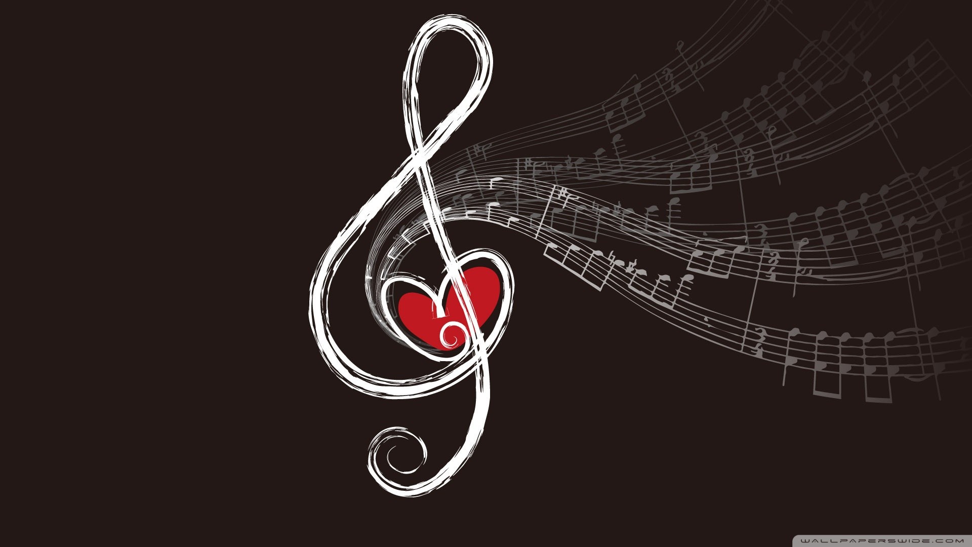Chiave di violino, Cuore rosso, Spartito, Sfondo marrone, Full HD, wallpaper per portatile