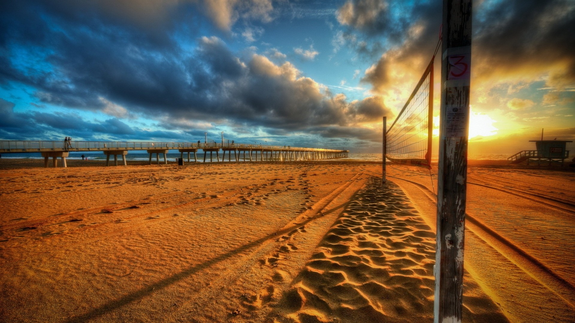 Rete da beach volley, Spiaggia, Tramonto, Nuvole, HDR, Full HD, sfondo per PC e portatile