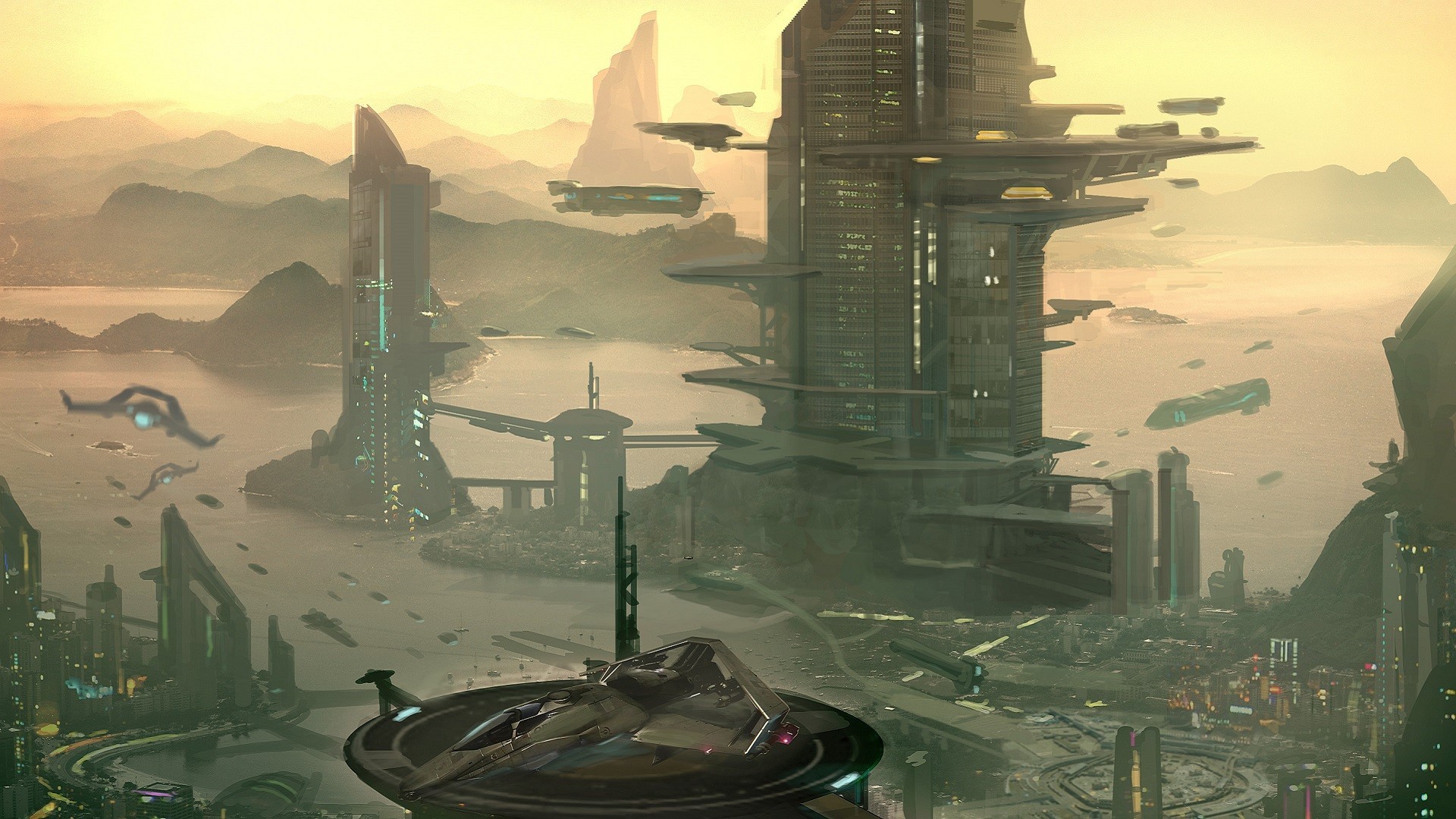 Città futuristica, Astronavi, Torri, 1920x1080, sfondo per PC