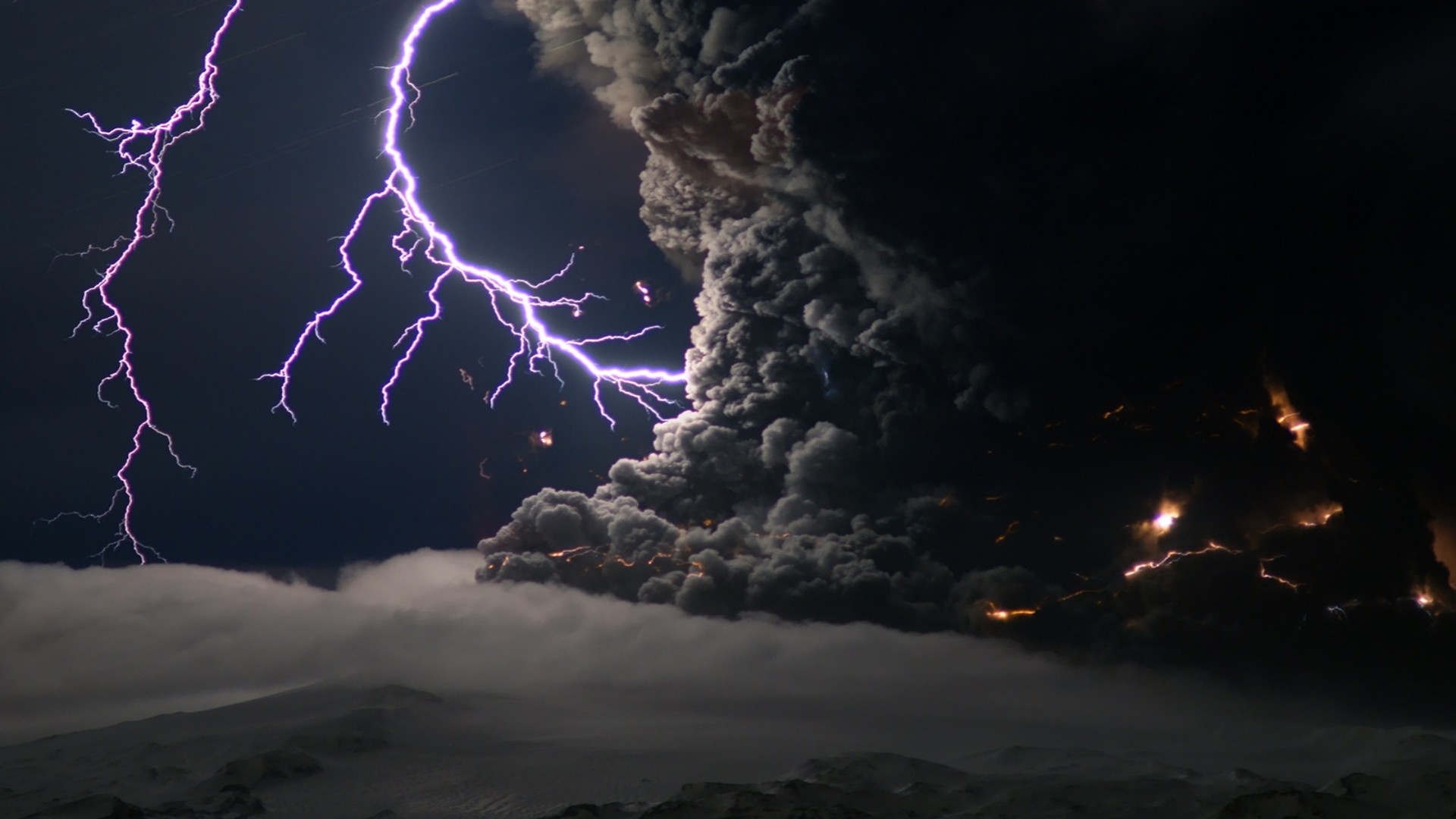 Eruzione vulcanica, Fulmini, Cenere, Notte, Full HD, sfondo per portatile