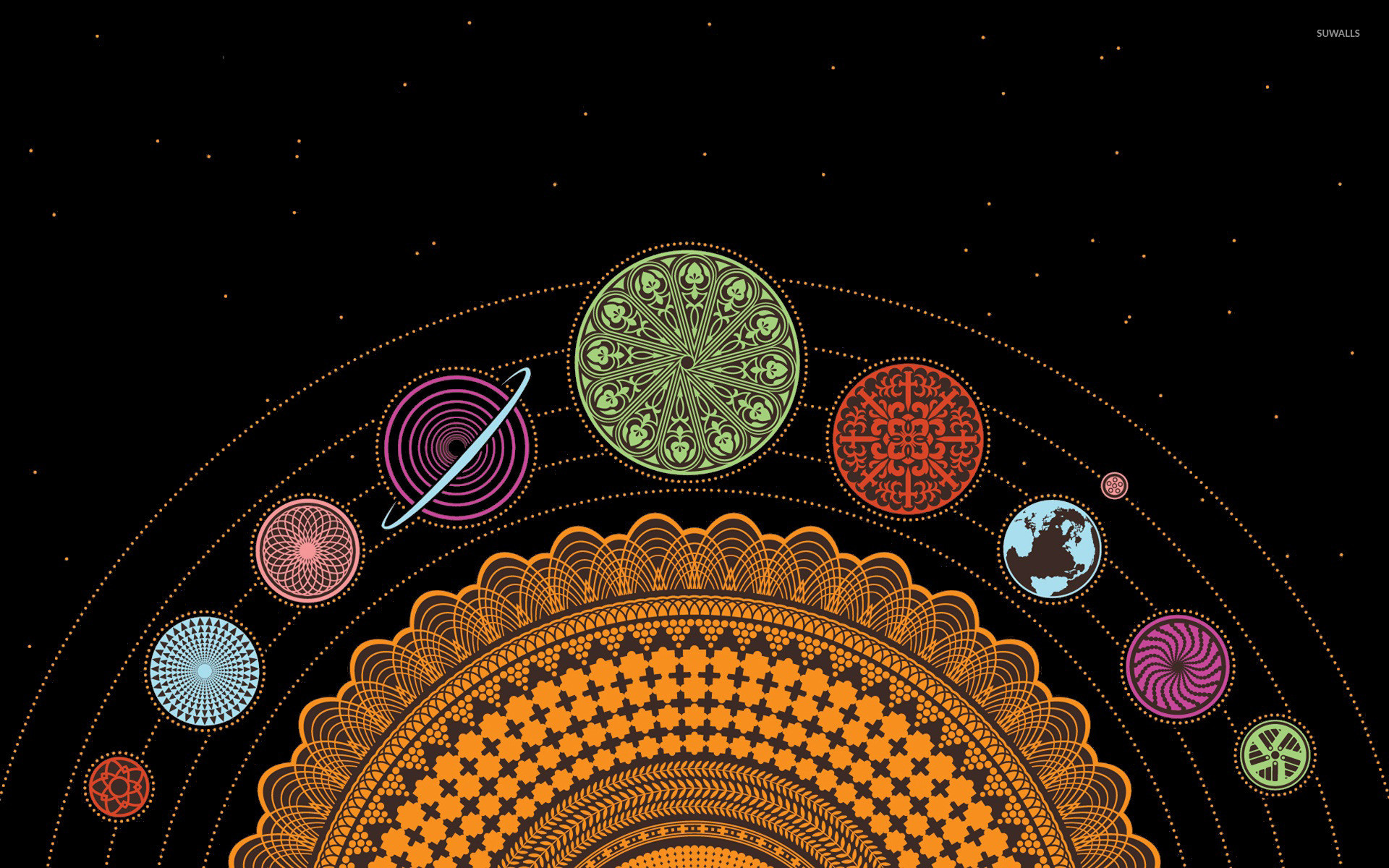Sistema solare, Mandala, Pianeti decorativi, Illustrazione, Sfondo nero, wallpaper desktop Full HD