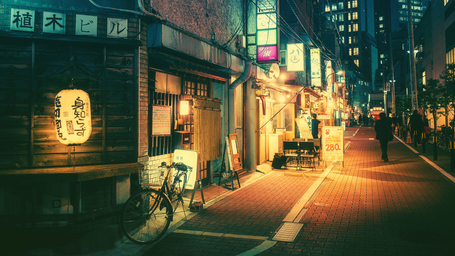 Tokyo, Vicolo giapponese, Lanterna, Notte, 1920x1080, sfondo per PC