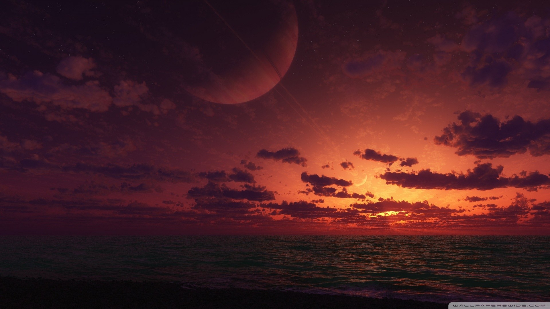Pianeta, Tramonto, Mare, Cielo rosso, Nuvole, Full HD, sfondo desktop