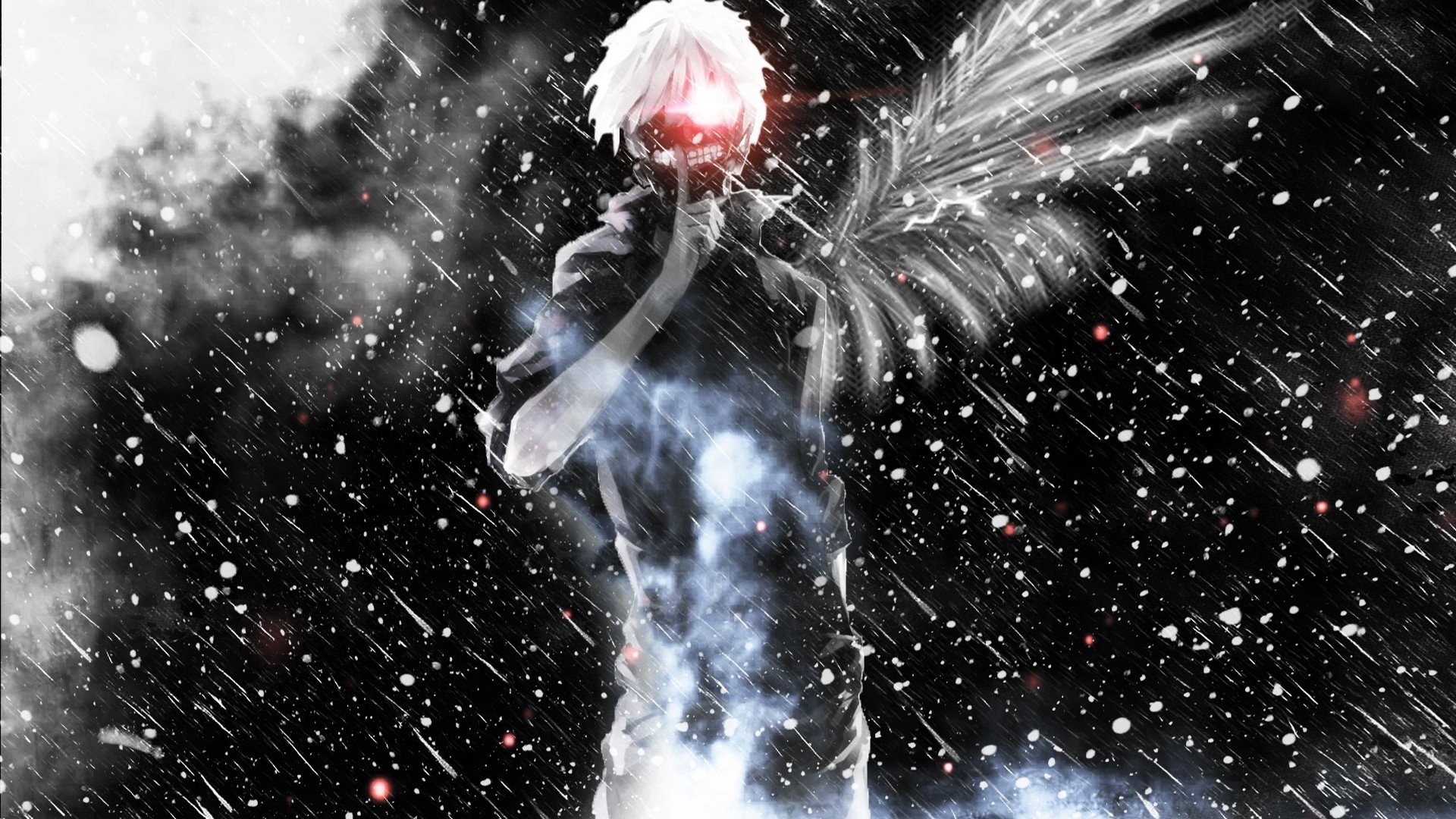 Ken Kaneki, Tokyo Ghoul, Ali, Bianco e nero, 1920x1080, immagine di sfondo