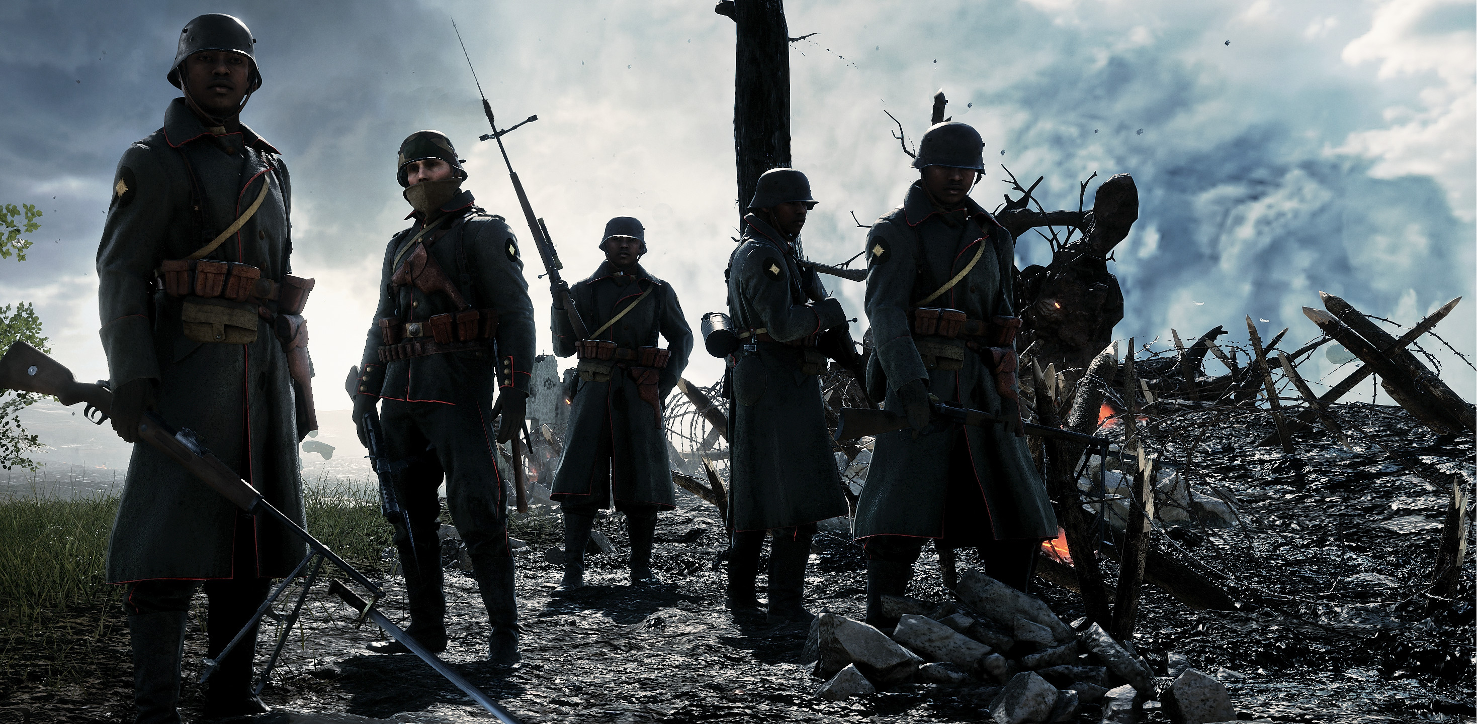 Battlefield 1, Soldati tedeschi, Campo di battaglia, Cielo nuvoloso, sfondo desktop 2K