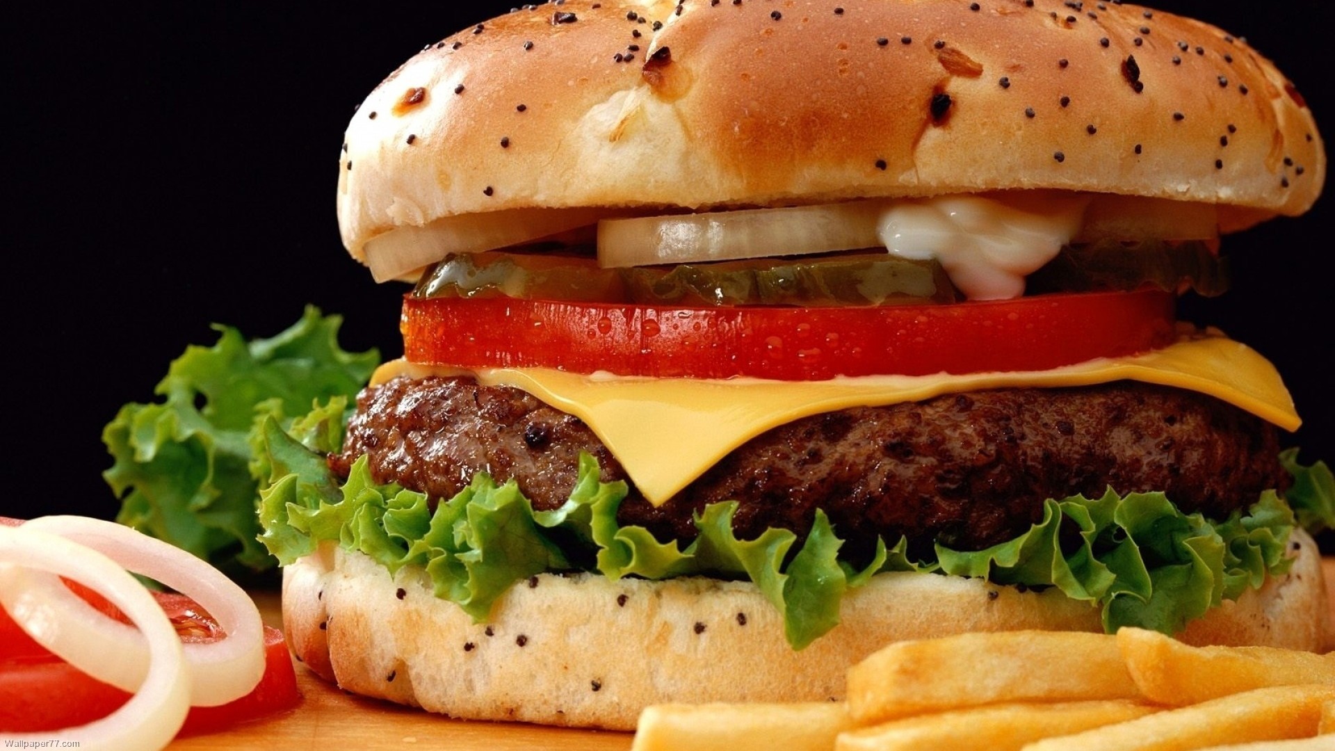 Cheeseburger, Patatine fritte, Pomodoro, Cipolla, Full HD 1080p, sfondo desktop