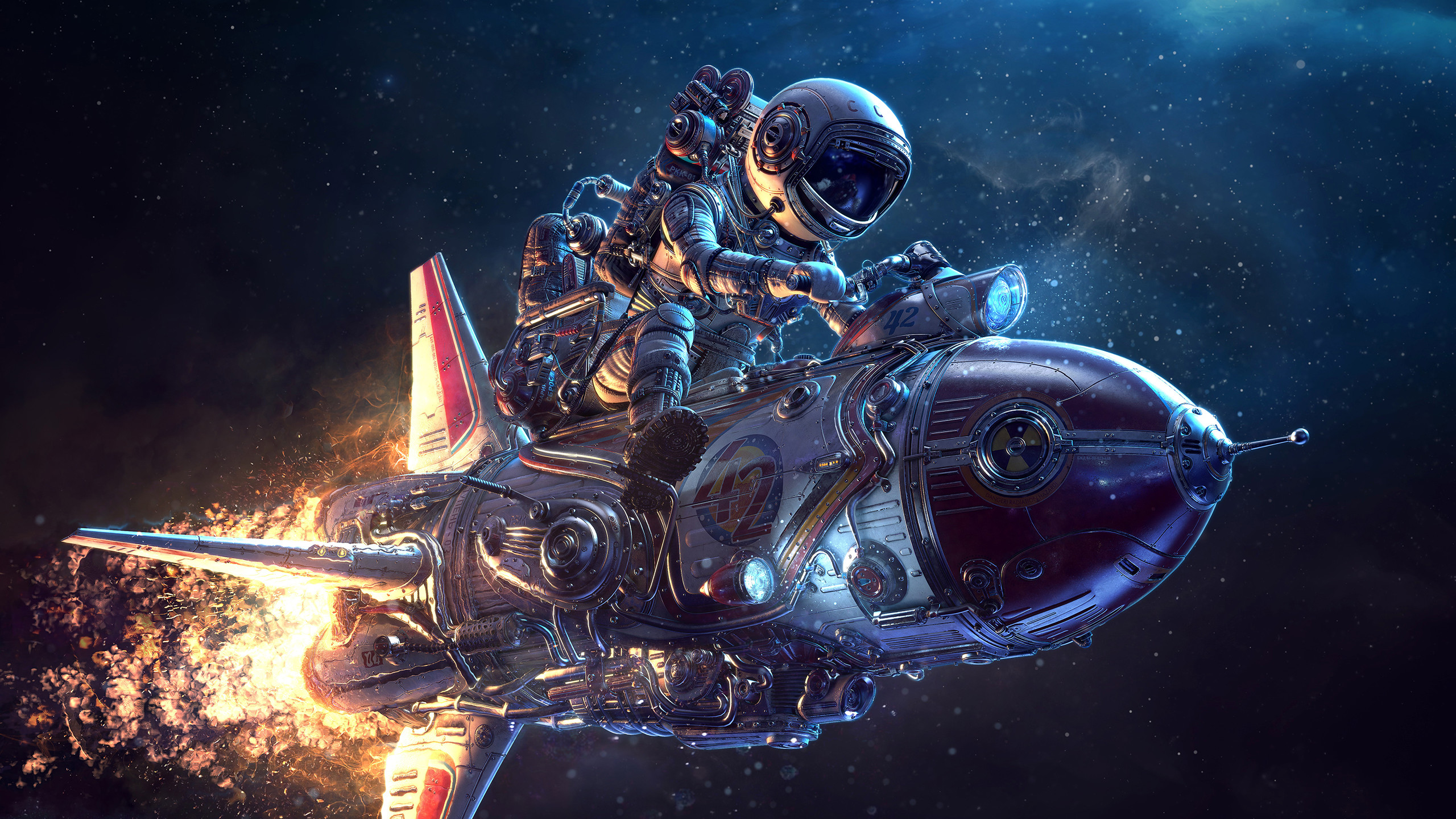Astronauta, Razzo, Fiamme, Spazio, Arte 3D, 2560x1440, sfondo per PC