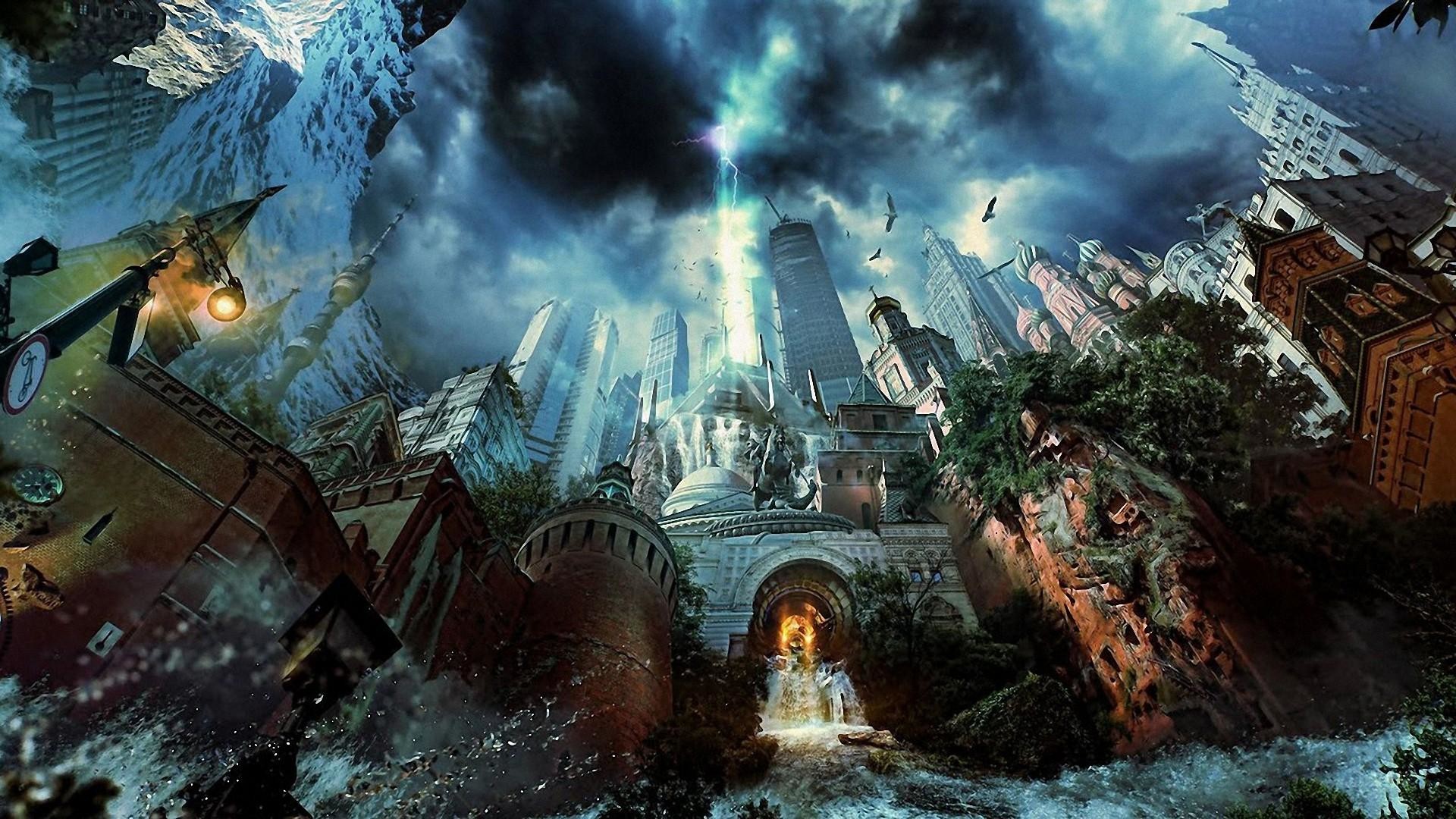 Città in rovina, Raggio di luce, Tempesta, Fantasy, Grattacieli, Apocalisse, wallpaper Full HD