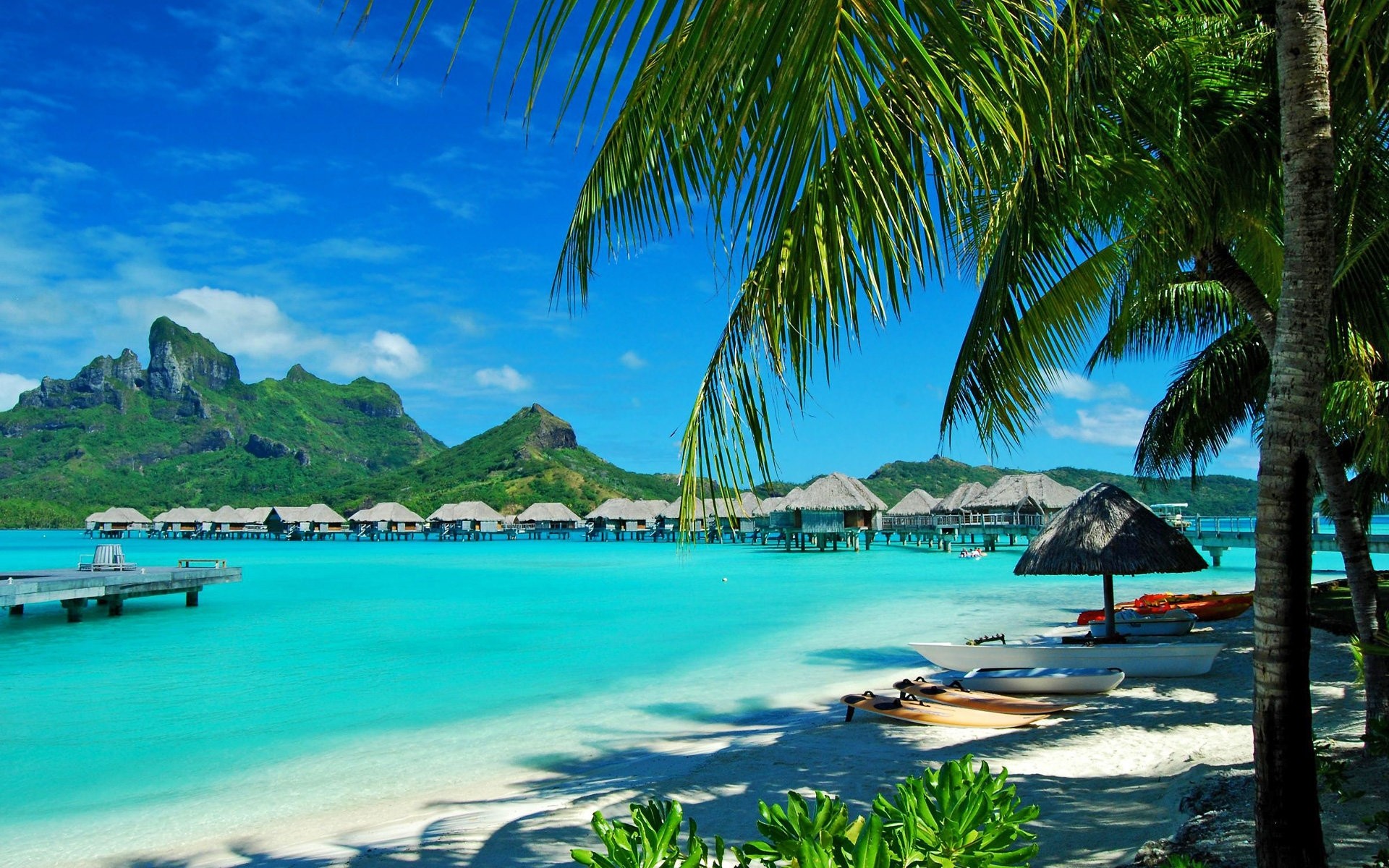 Bora Bora, Spiaggia tropicale, Palme, Bungalow sull'acqua, Mare turchese, sfondo desktop PC