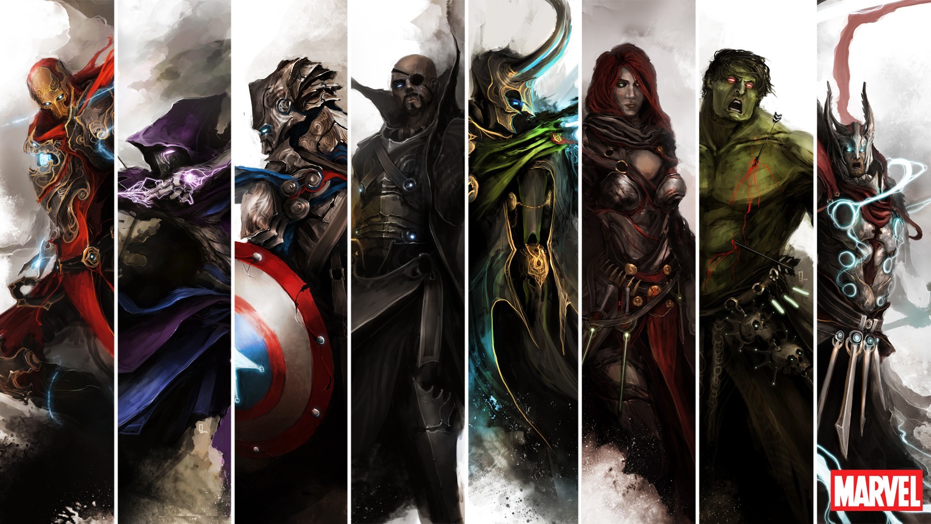 Capitan America, Nick Fury, Loki, Hulk, Thor, Vedova Nera, Marvel, sfondo widescreen Full HD