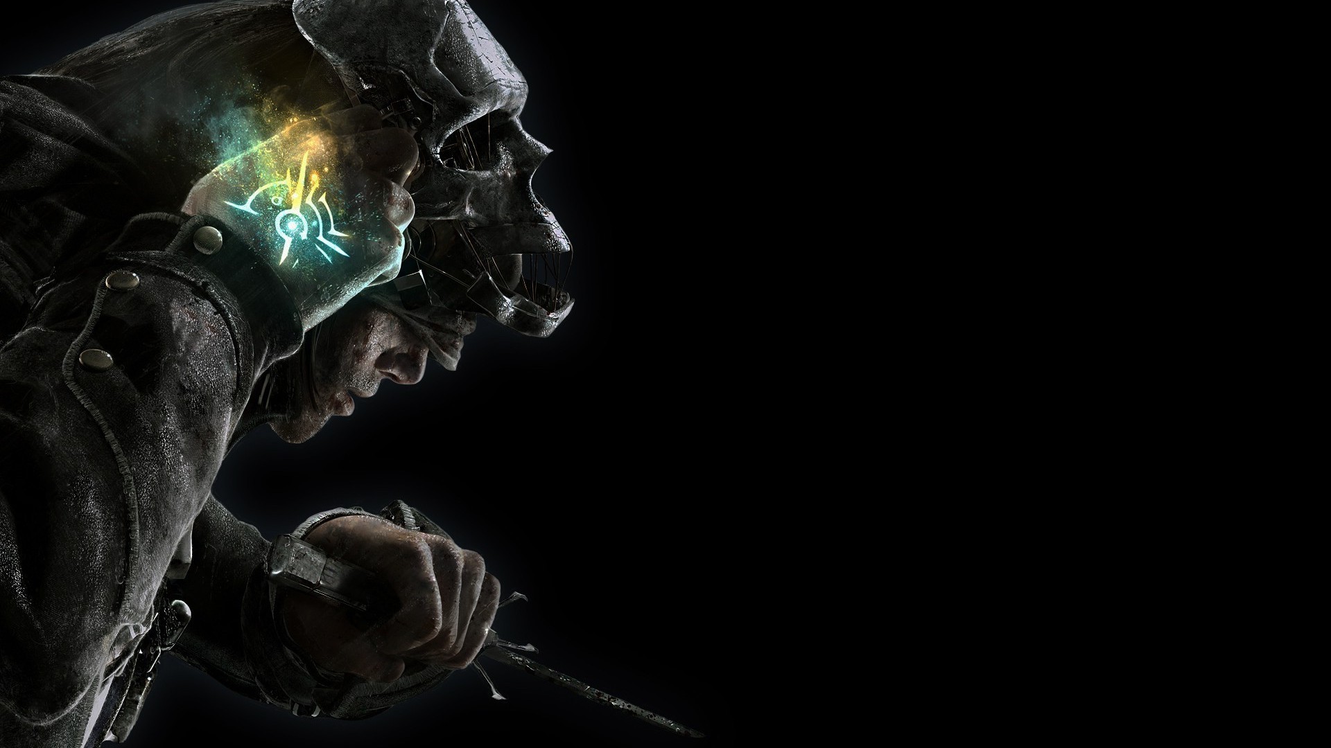 Corvo Attano, Dishonored, Marchio dell'Esterno, Sfondo nero, 16:9 Full HD, wallpaper widescreen