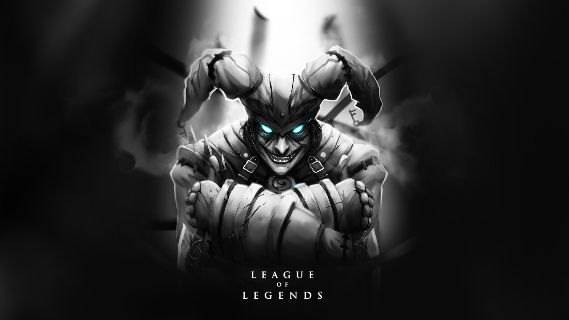 Shaco, League of Legends, Giullare, Bianco e nero, Full HD, sfondo Windows 11