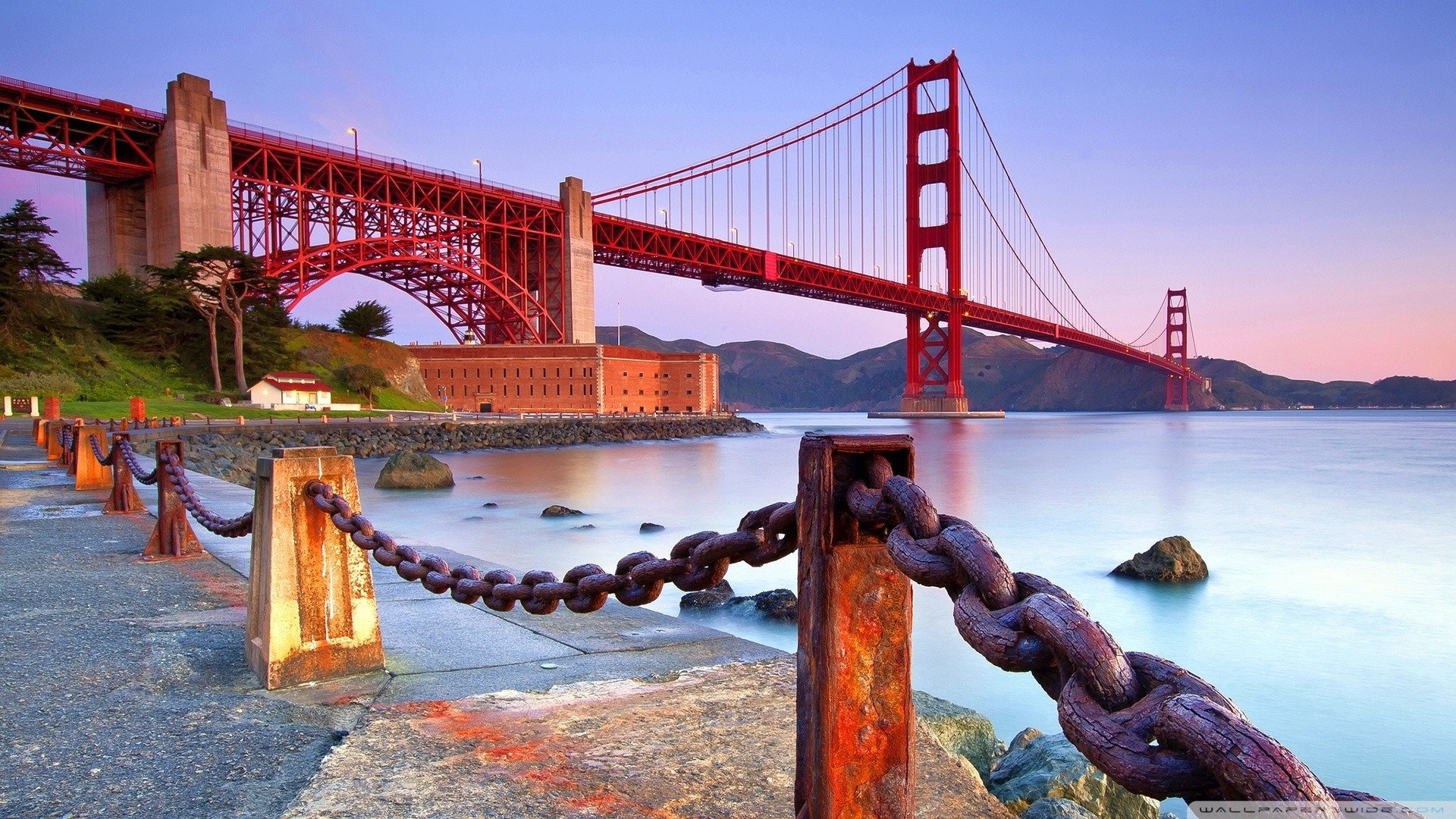 Golden Gate Bridge, Fort Point, Catena, Tramonto, Full HD, sfondo per portatile