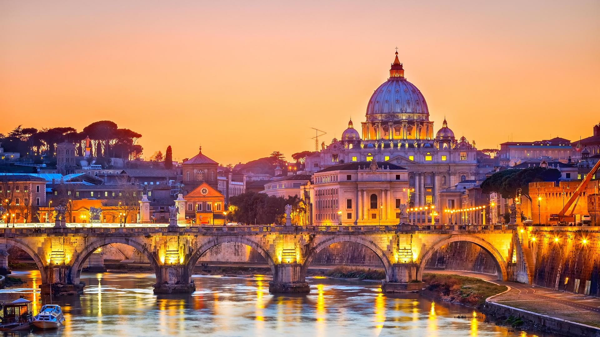 Basilica di San Pietro, Ponte Umberto I, Tevere, Roma, Tramonto, sfondo Full HD per computer