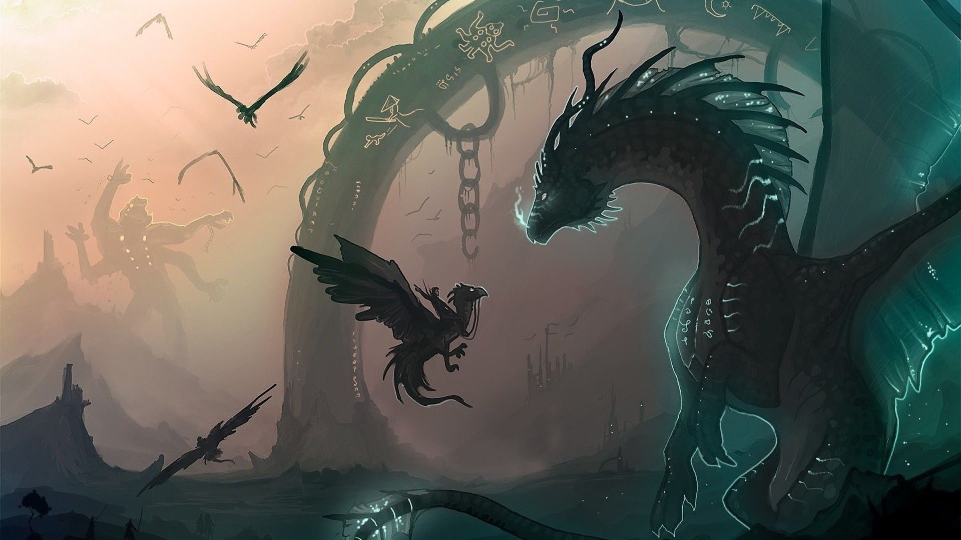 Drago, Corvi, Rovine, Arte fantasy, 1920x1080, sfondo per PC