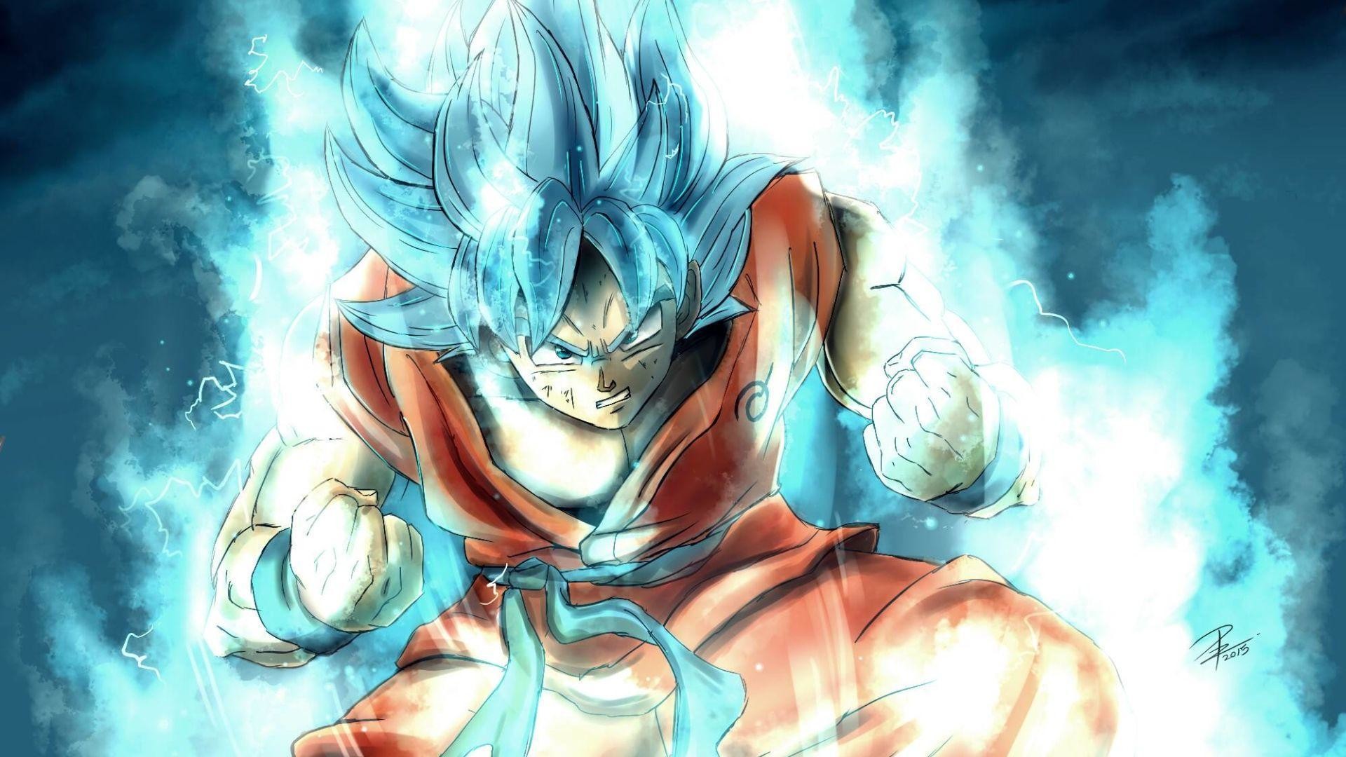 Goku, Super Saiyan Blue, Dragon Ball Super, Aura blu, Arte digitale, sfondo 16:9 Full HD