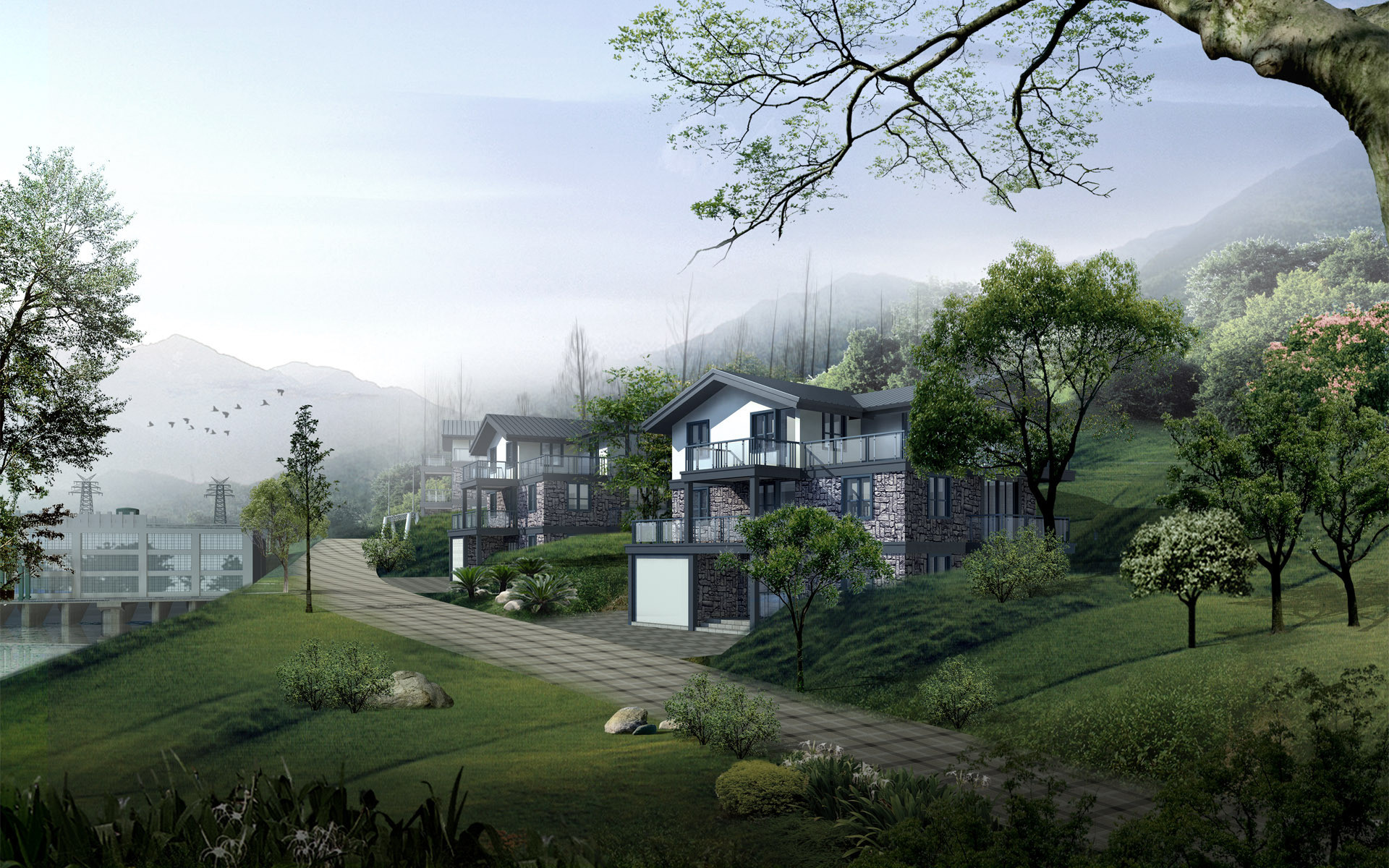 Villa, Collina, Nebbia, Rendering 3D, 1920x1200, sfondo per PC