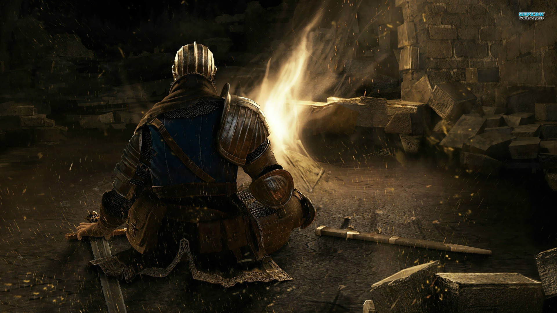 Dark Souls, Cavaliere, Falò, Rovine, Full HD 1080p, sfondo desktop