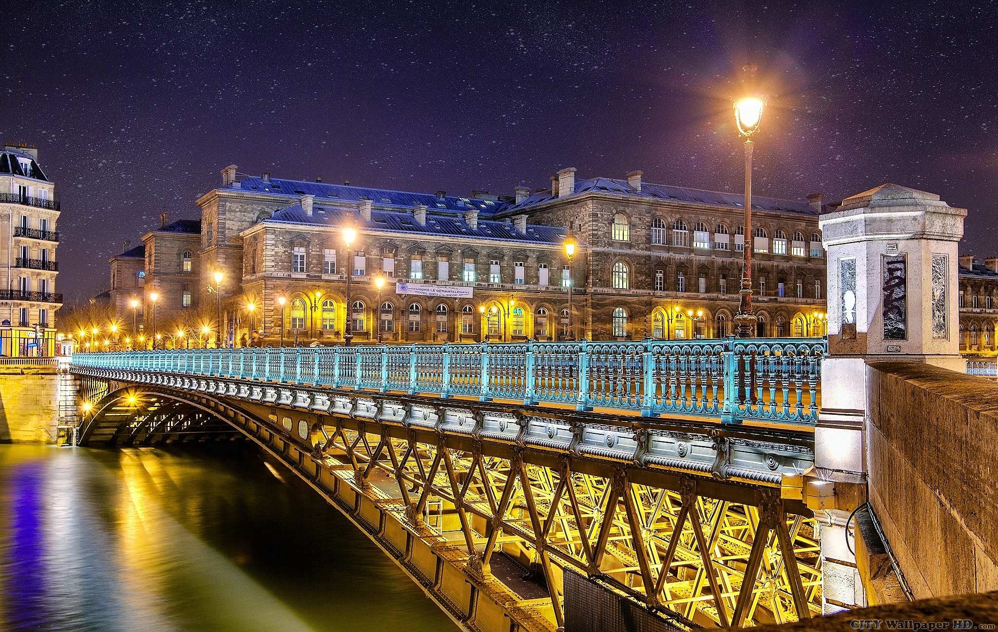 Pont d'Arcole, Senna, Parigi, Notte, Lampione, Full HD, sfondo per portatile