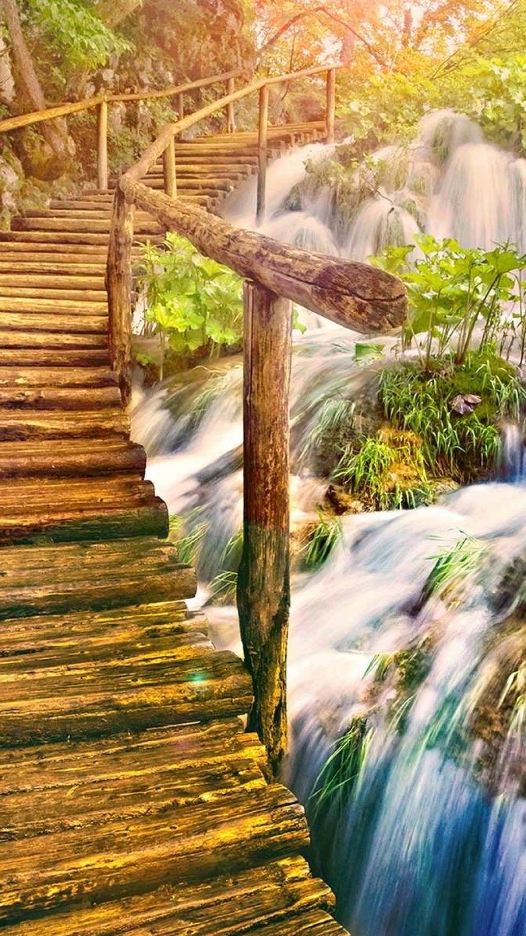 Passerella in legno, Cascata, Bosco, wallpaper per desktop