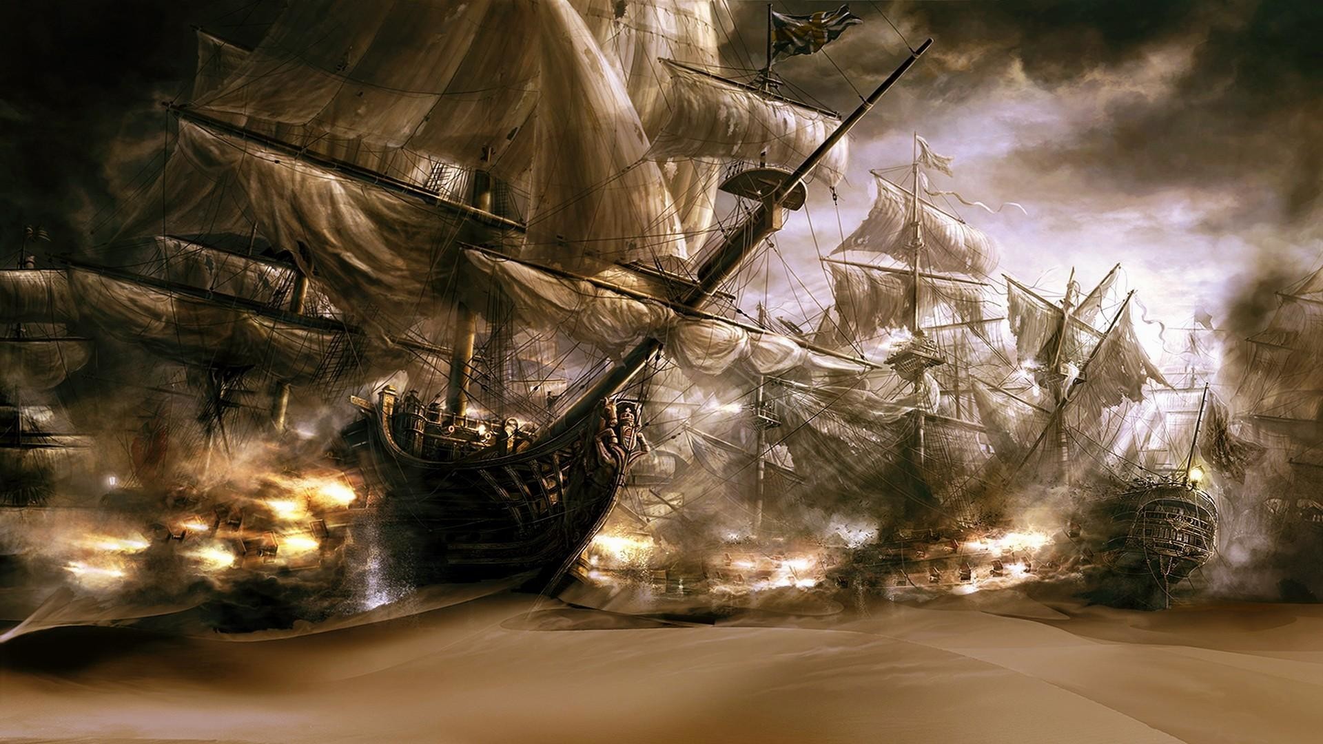 Battaglia navale, Galeoni, Cannoni, Seppia, Full HD, sfondo per portatile